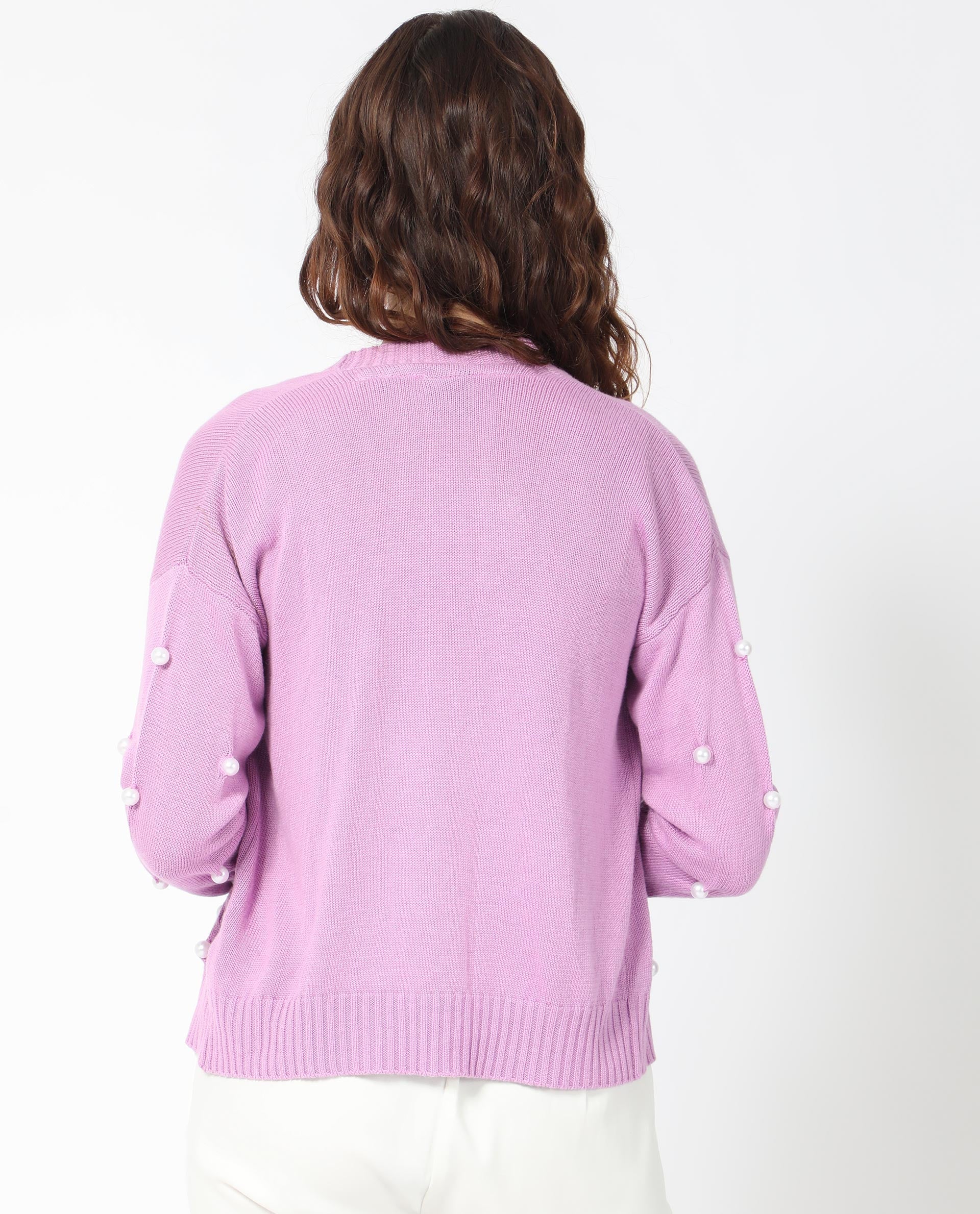 Rareism Women's Tunnel 1 Pastel Purple Viscose Collarless Embellished Balloon Sleeve Regular Fit Sweater - Image 9