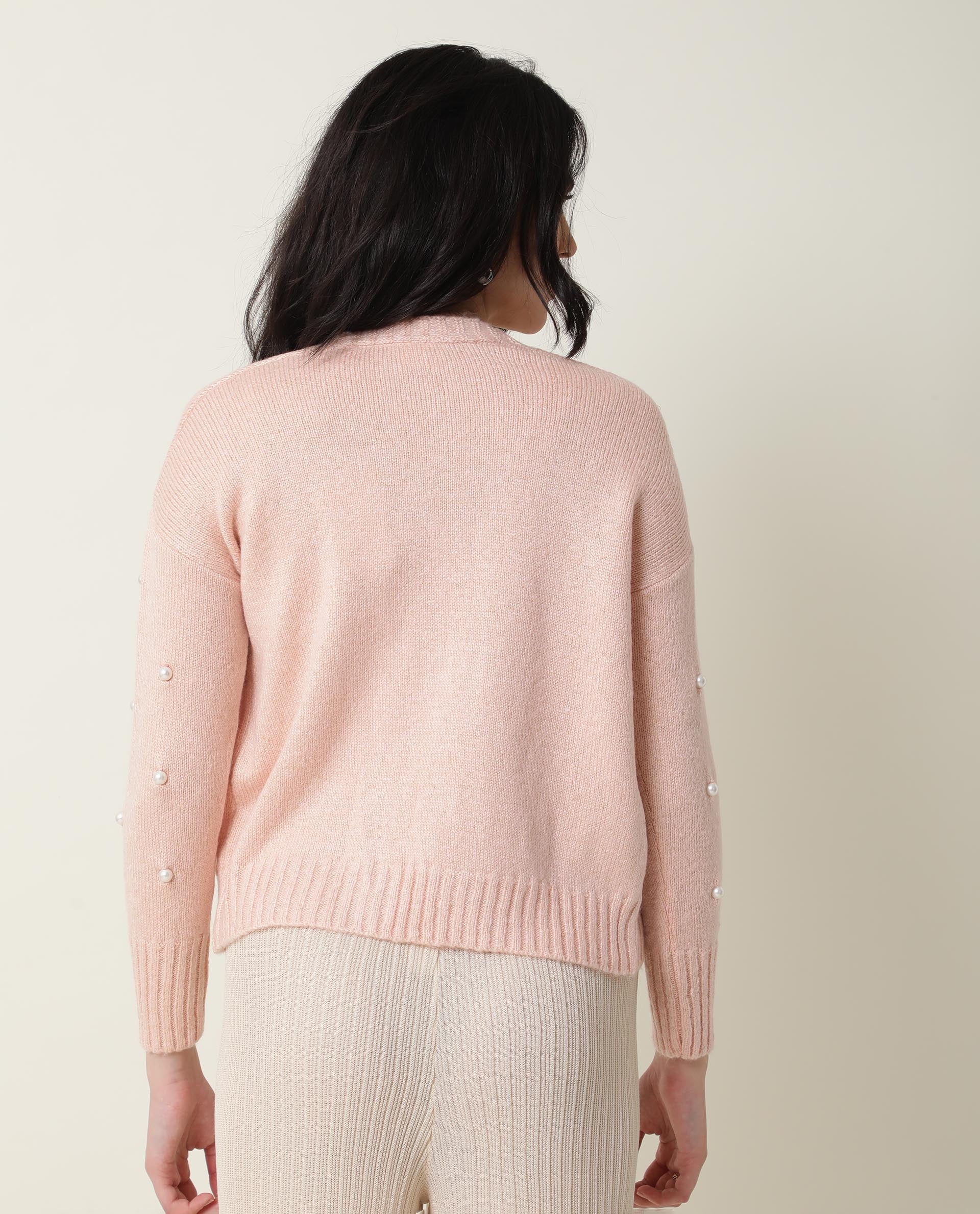Rareism Women's Tunnel Pink Viscose Collarless Embellished Regular Fit Sweater - Image 3