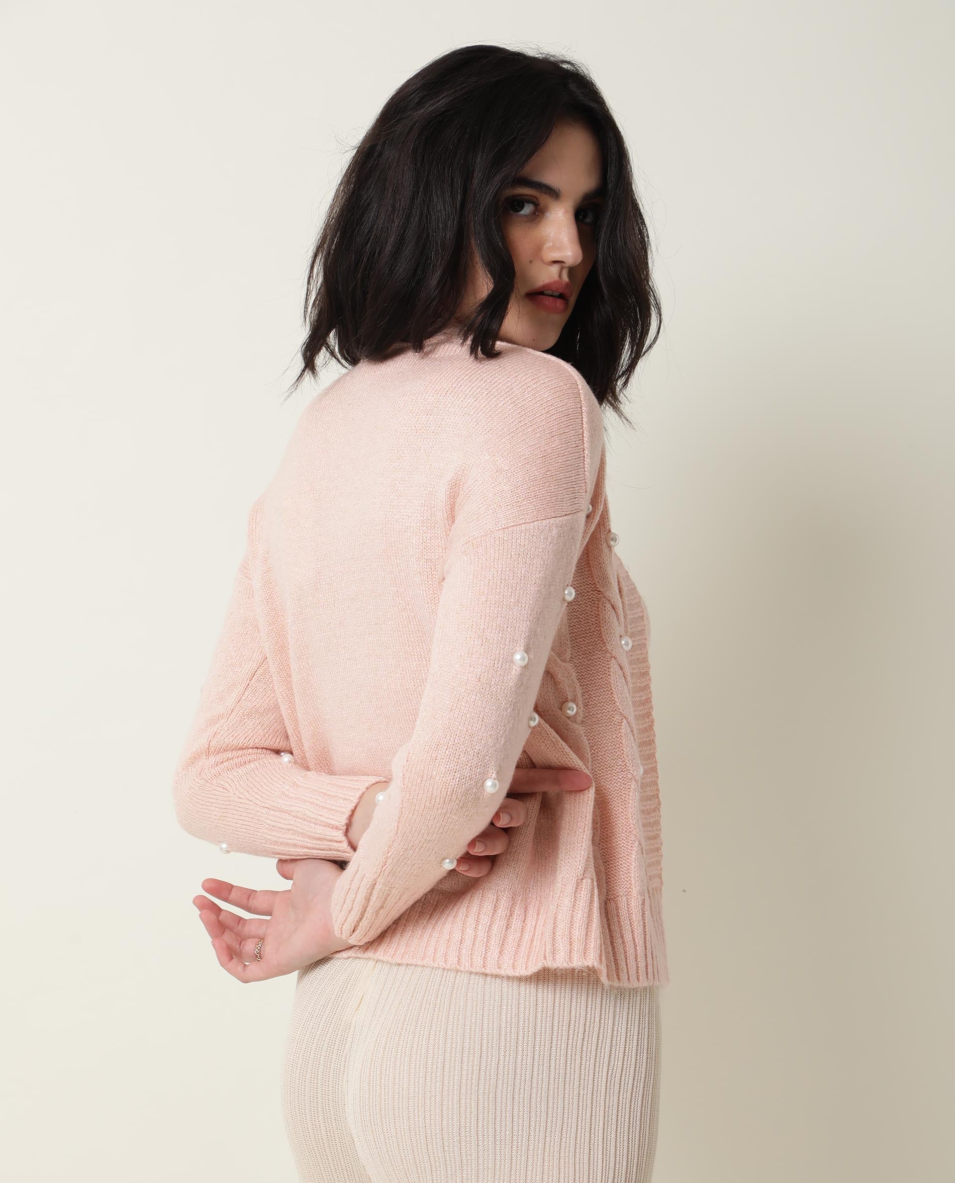 Rareism Women's Tunnel Pink Viscose Collarless Embellished Regular Fit Sweater - Image 4