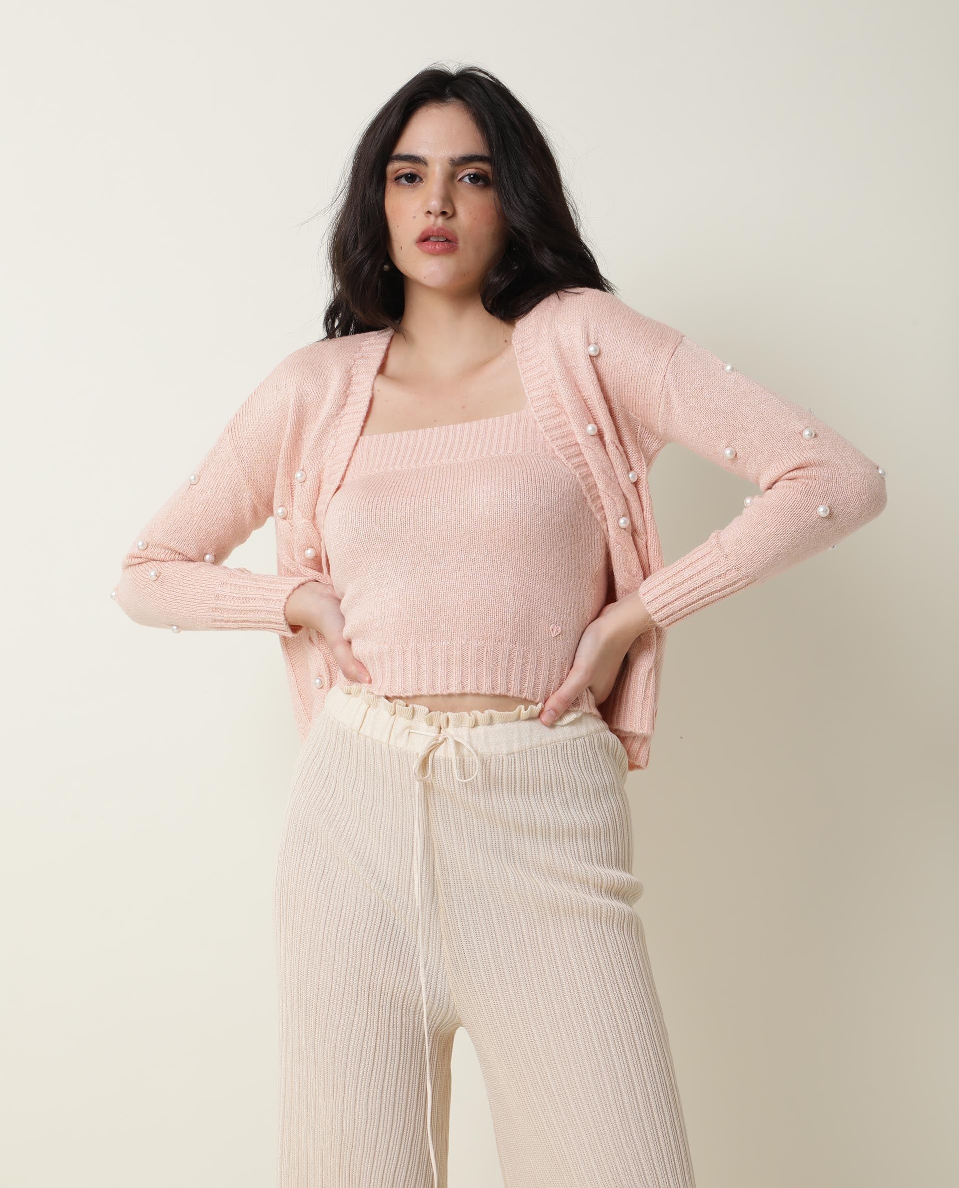 Rareism Women's Tunnel Pink Viscose Collarless Embellished Regular Fit Sweater - Image 5