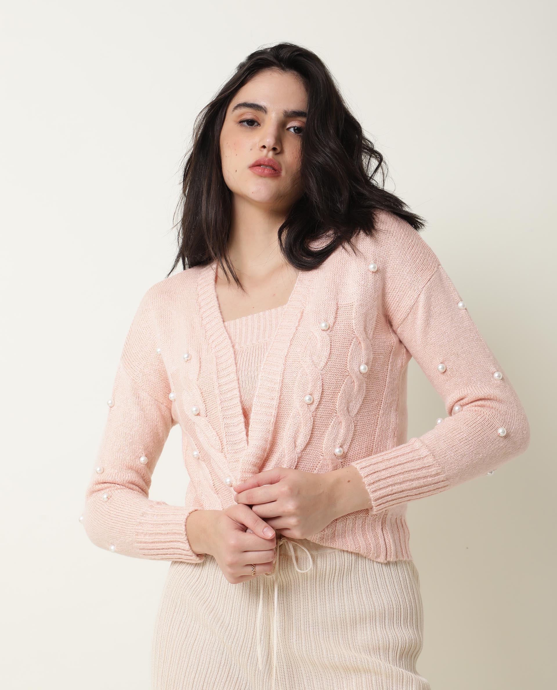 Rareism Women's Tunnel Pink Viscose Collarless Embellished Regular Fit Sweater - Image 8