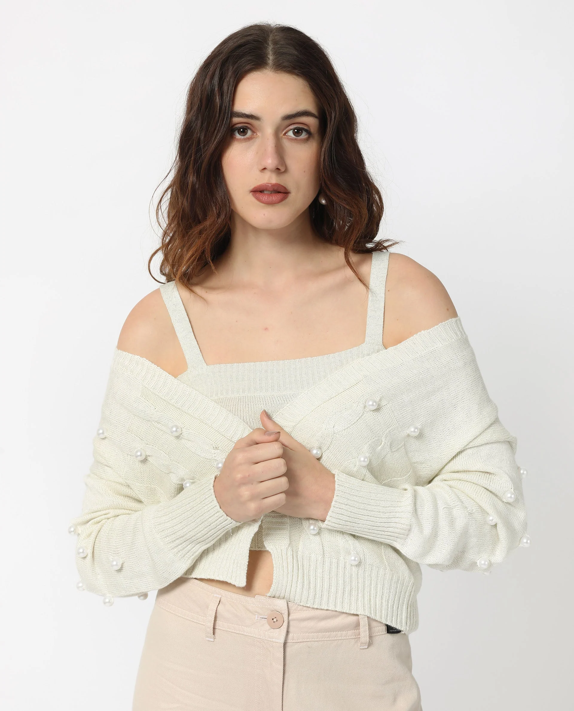 Rareism Women's Tunnel 1 Off White Viscose Collarless Embellished Balloon Sleeve Regular Fit Sweater