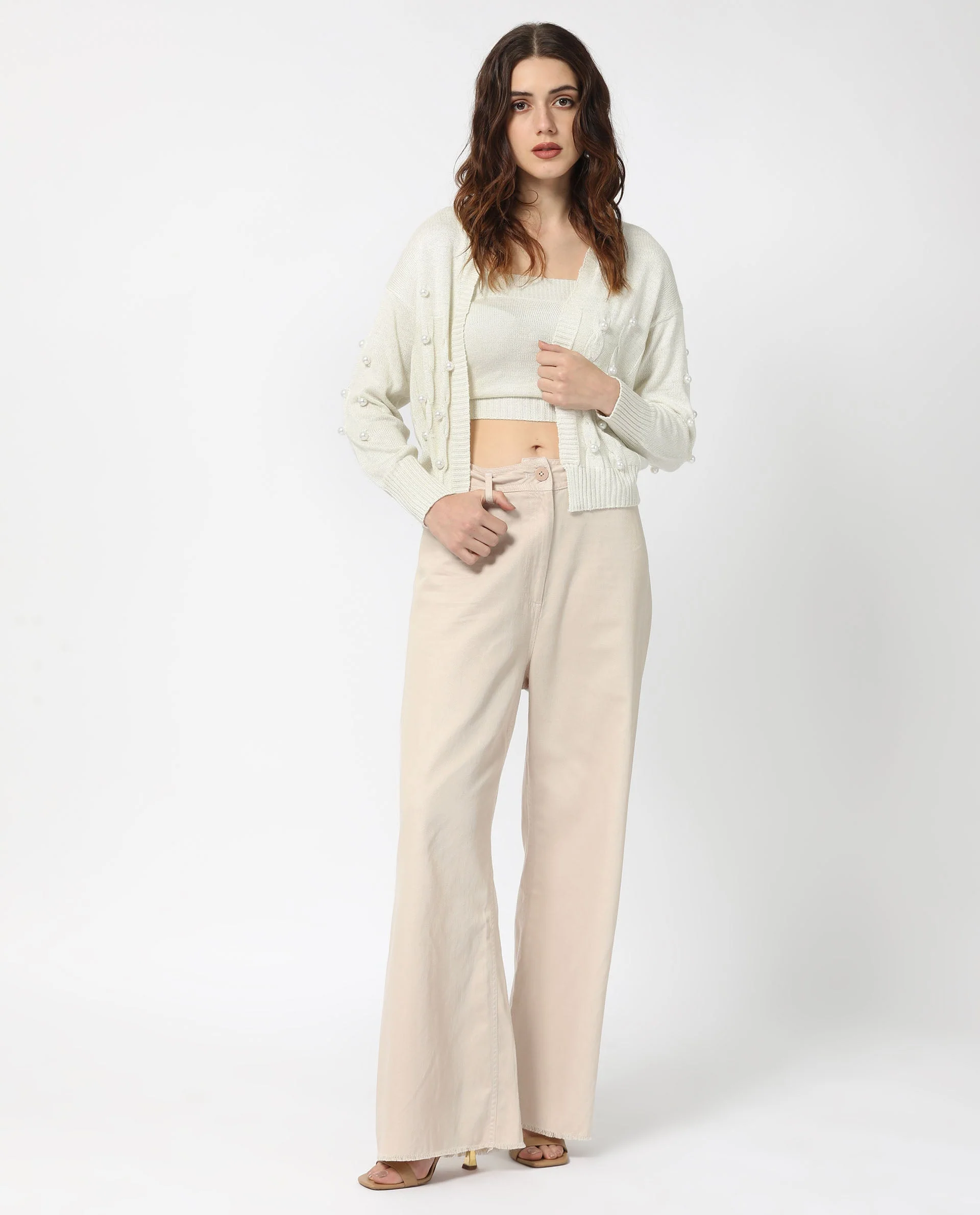 Rareism Women's Tunnel 1 Off White Viscose Collarless Embellished Balloon Sleeve Regular Fit Sweater - Image 2