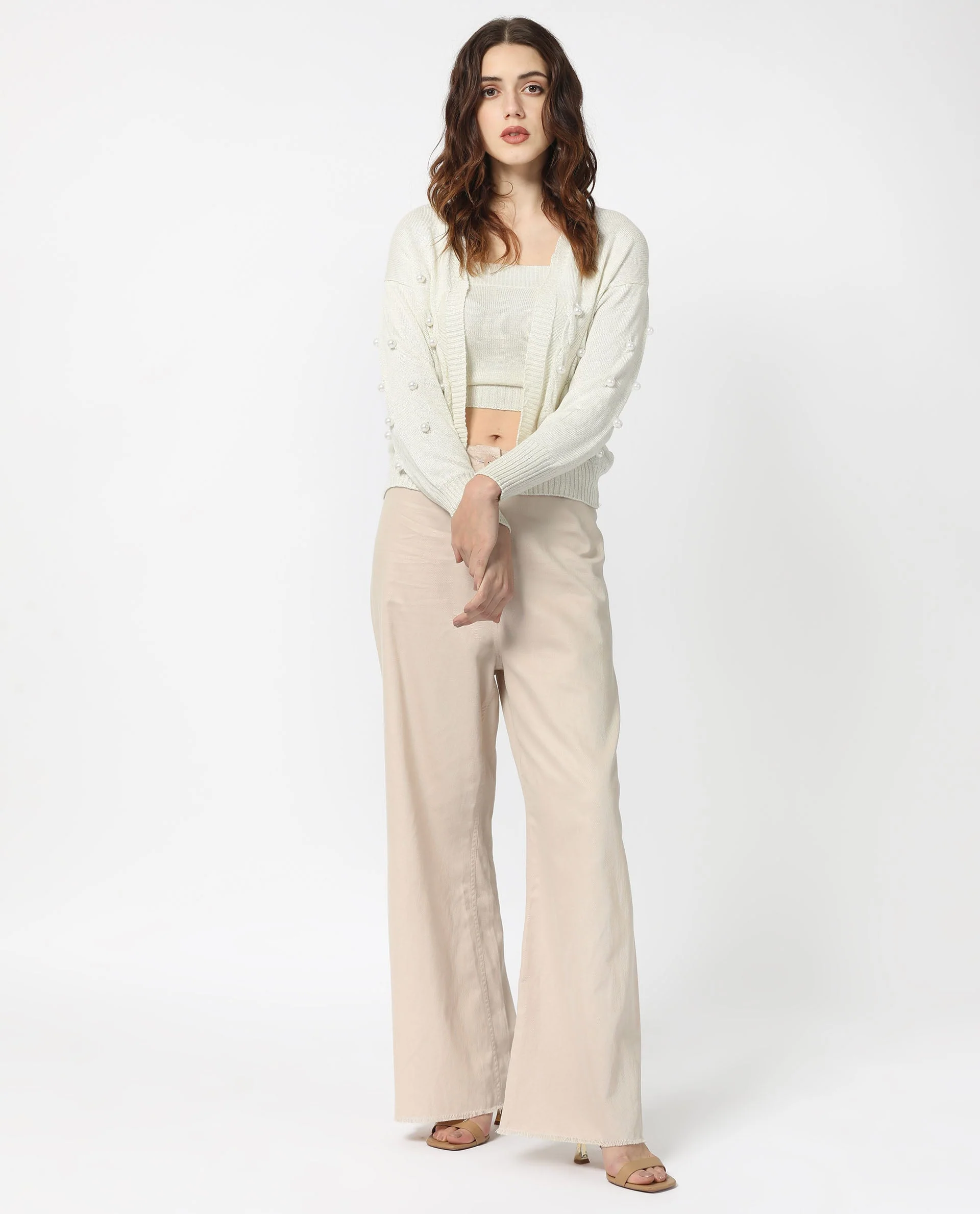 Rareism Women's Tunnel 1 Off White Viscose Collarless Embellished Balloon Sleeve Regular Fit Sweater - Image 3