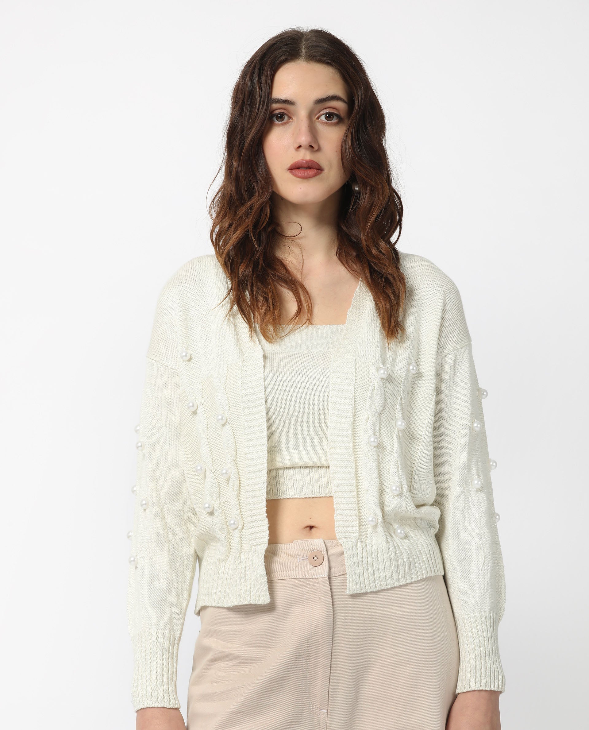 Rareism Women's Tunnel 1 Off White Viscose Collarless Embellished Balloon Sleeve Regular Fit Sweater - Image 4
