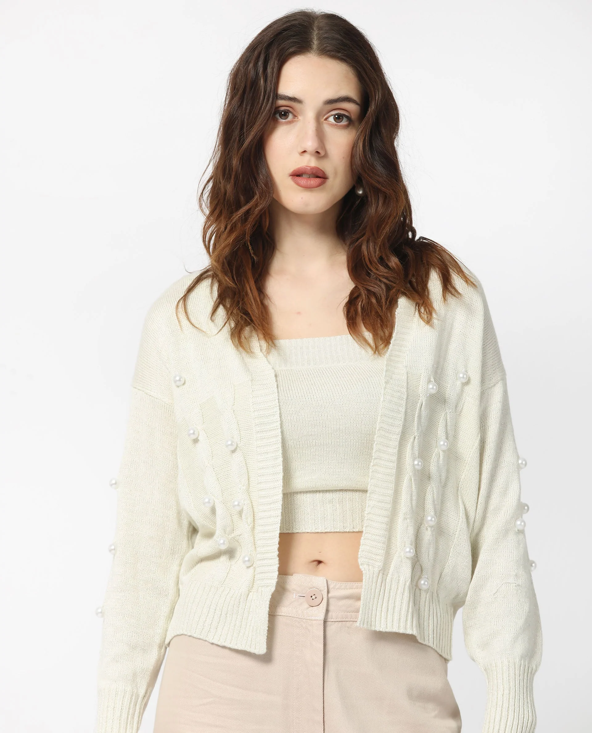 Rareism Women's Tunnel 1 Off White Viscose Collarless Embellished Balloon Sleeve Regular Fit Sweater - Image 5