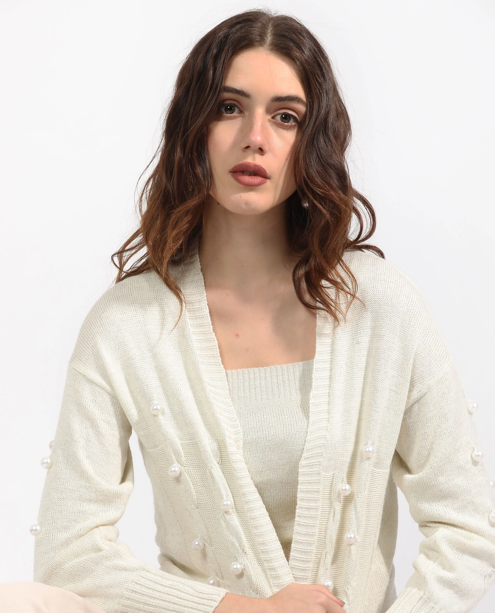 Rareism Women's Tunnel 1 Off White Viscose Collarless Embellished Balloon Sleeve Regular Fit Sweater - Image 6