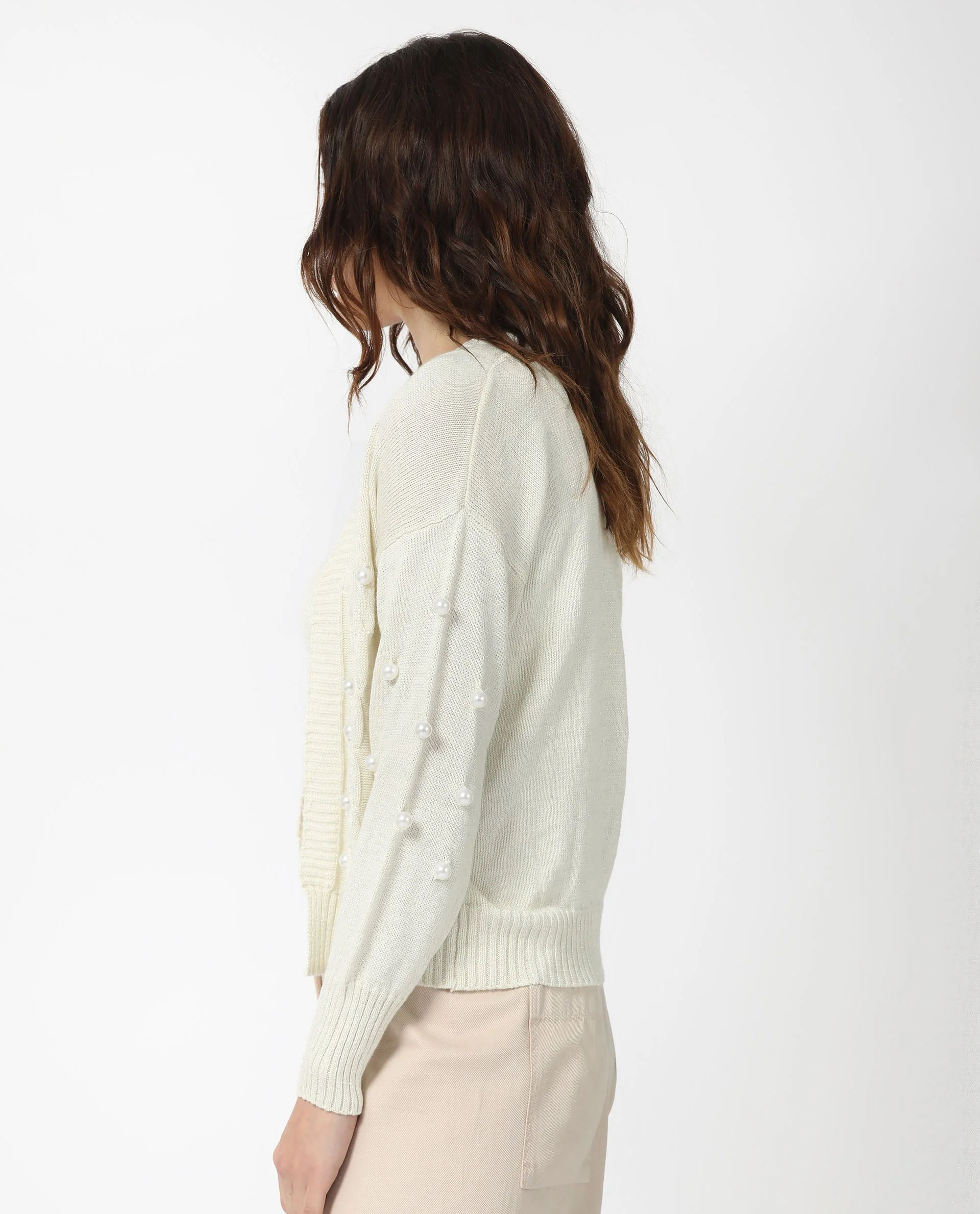 Rareism Women's Tunnel 1 Off White Viscose Collarless Embellished Balloon Sleeve Regular Fit Sweater - Image 7