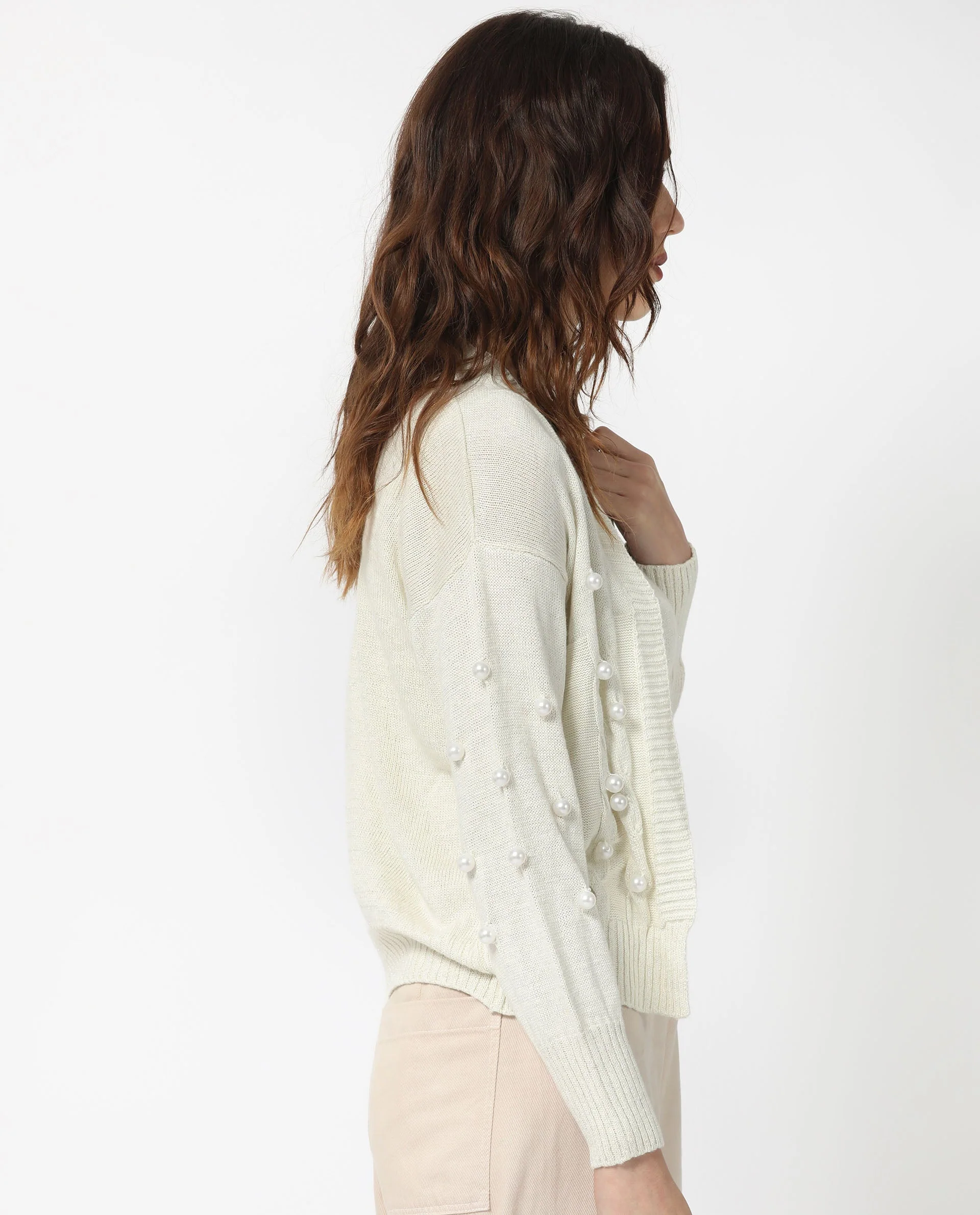 Rareism Women's Tunnel 1 Off White Viscose Collarless Embellished Balloon Sleeve Regular Fit Sweater - Image 8
