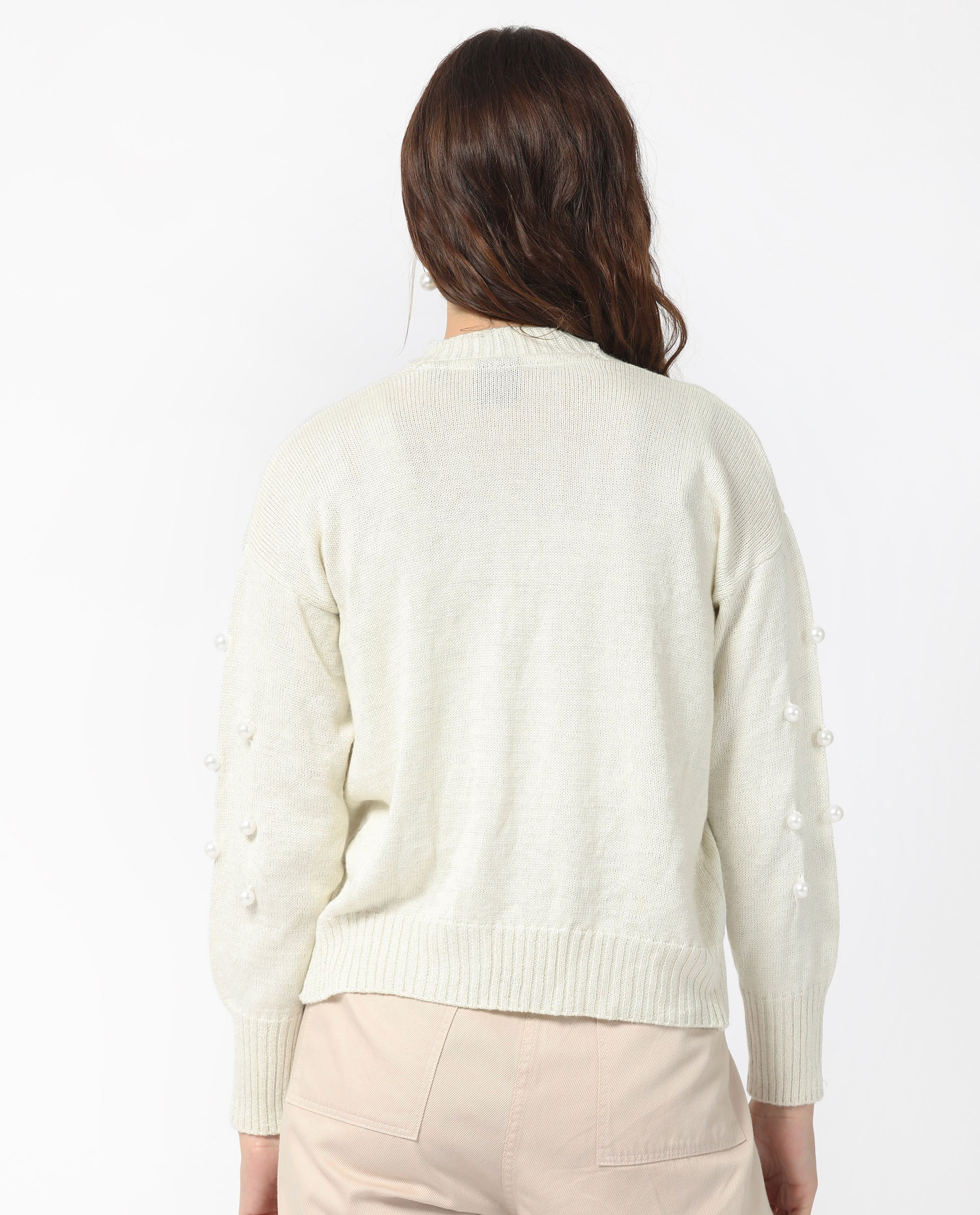 Rareism Women's Tunnel 1 Off White Viscose Collarless Embellished Balloon Sleeve Regular Fit Sweater - Image 9