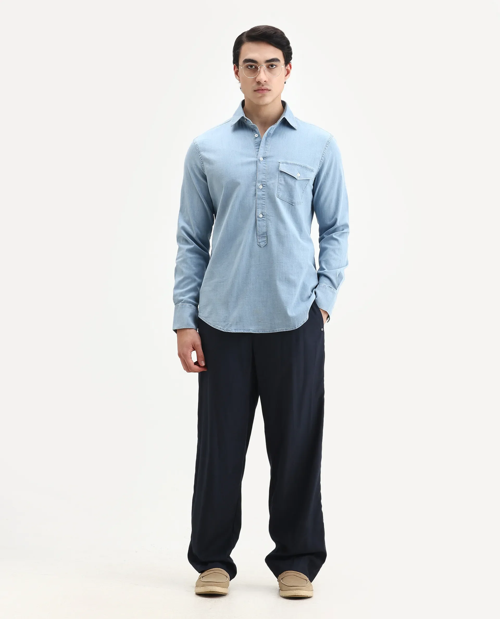 Rare Rabbit Men's Tunor Light Blue Cotton Plain Regular Fit Full Sleeve Collared Shirt - Image 2