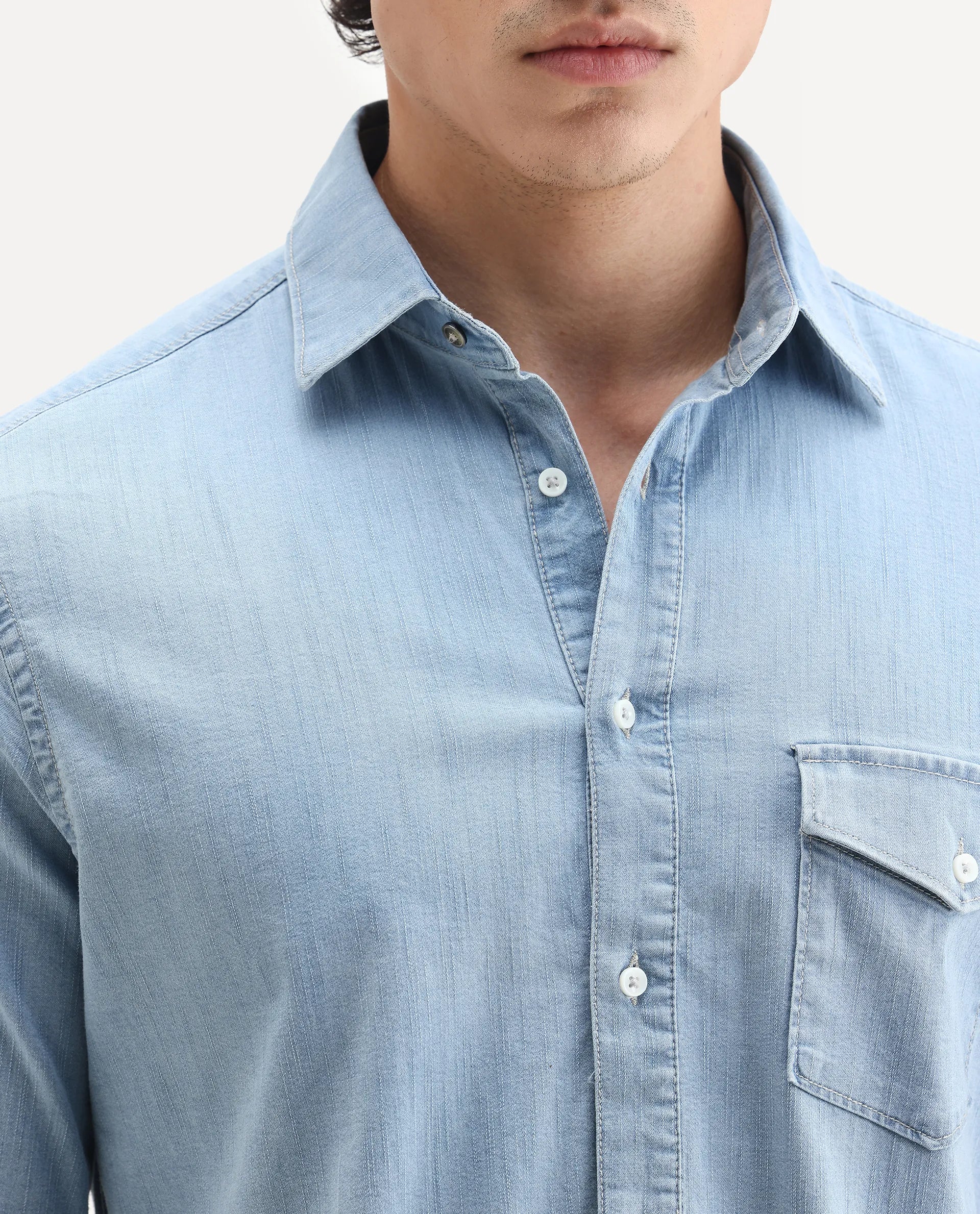 Rare Rabbit Men's Tunor Light Blue Cotton Plain Regular Fit Full Sleeve Collared Shirt - Image 3