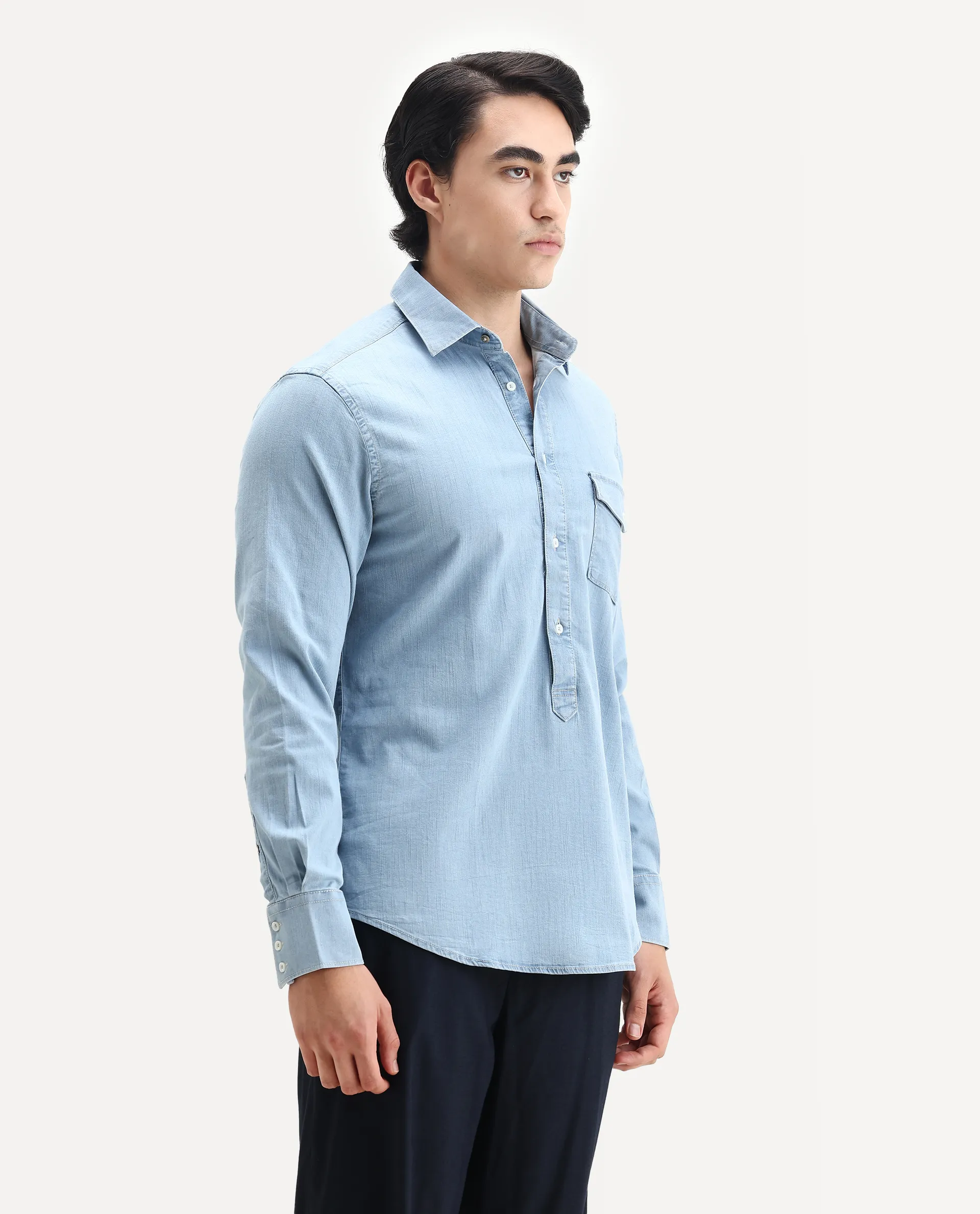 Rare Rabbit Men's Tunor Light Blue Cotton Plain Regular Fit Full Sleeve Collared Shirt - Image 4
