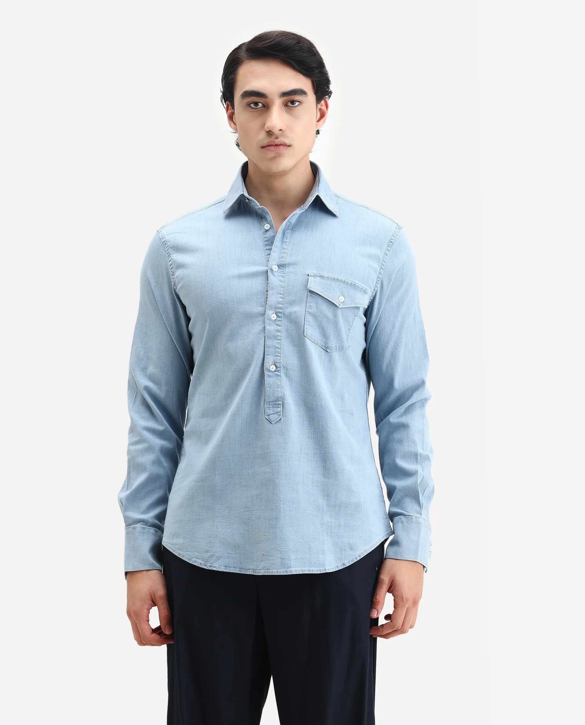 Rare Rabbit Men's Tunor Light Blue Cotton Plain Regular Fit Full Sleeve Collared Shirt - Image 6