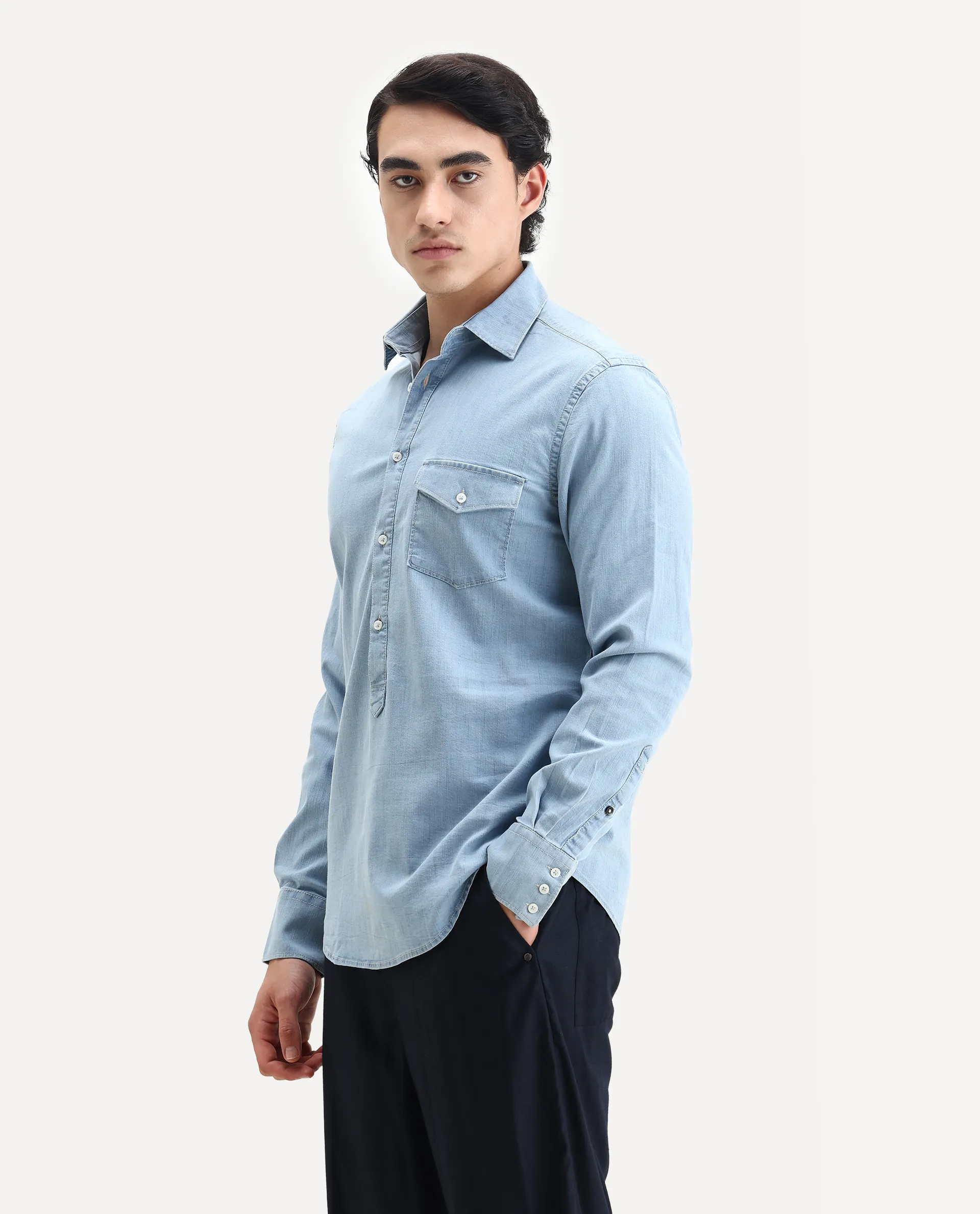 Rare Rabbit Men's Tunor Light Blue Cotton Plain Regular Fit Full Sleeve Collared Shirt - Image 7