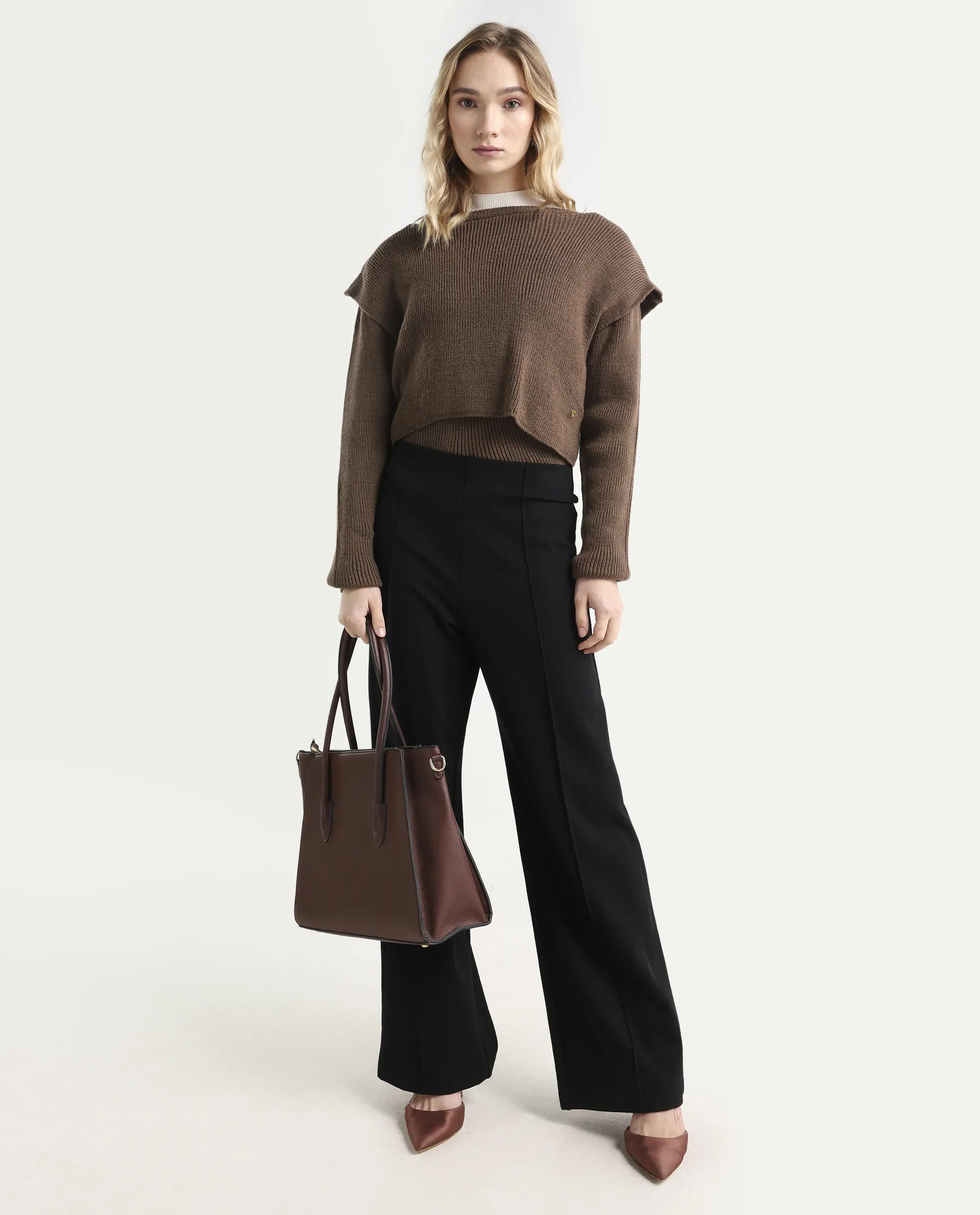 Rareism Women's Tupfel Brown Acrylic Crew Neck Plain Regular Fit Sweater - Image 2