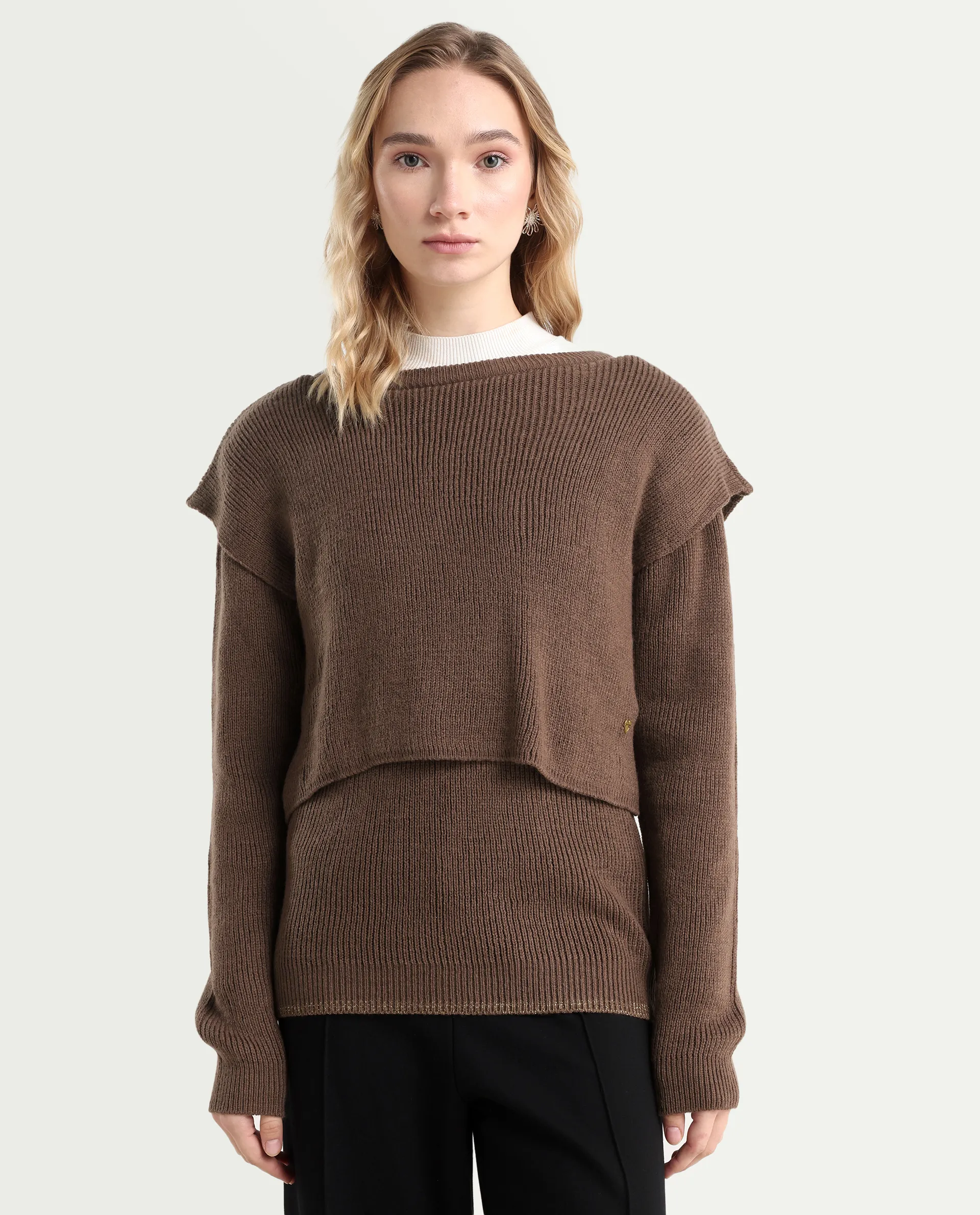 Rareism Women's Tupfel Brown Acrylic Crew Neck Plain Regular Fit Sweater - Image 3