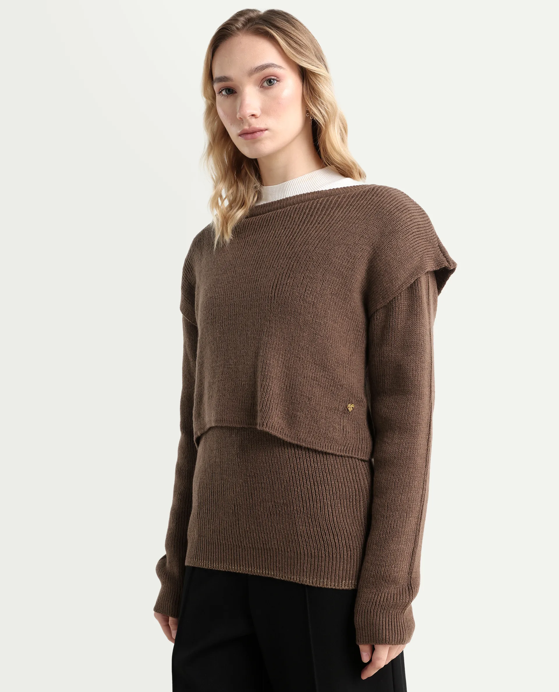Rareism Women's Tupfel Brown Acrylic Crew Neck Plain Regular Fit Sweater - Image 5