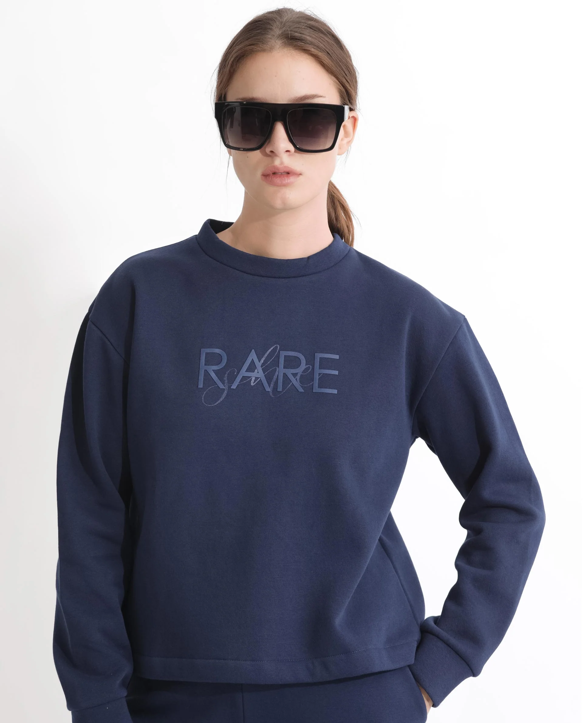 Rareism Women's Tuppen Navy Polyester Blend Crew Neck Printed Relaxed Fit Sweatshirt - Image 6