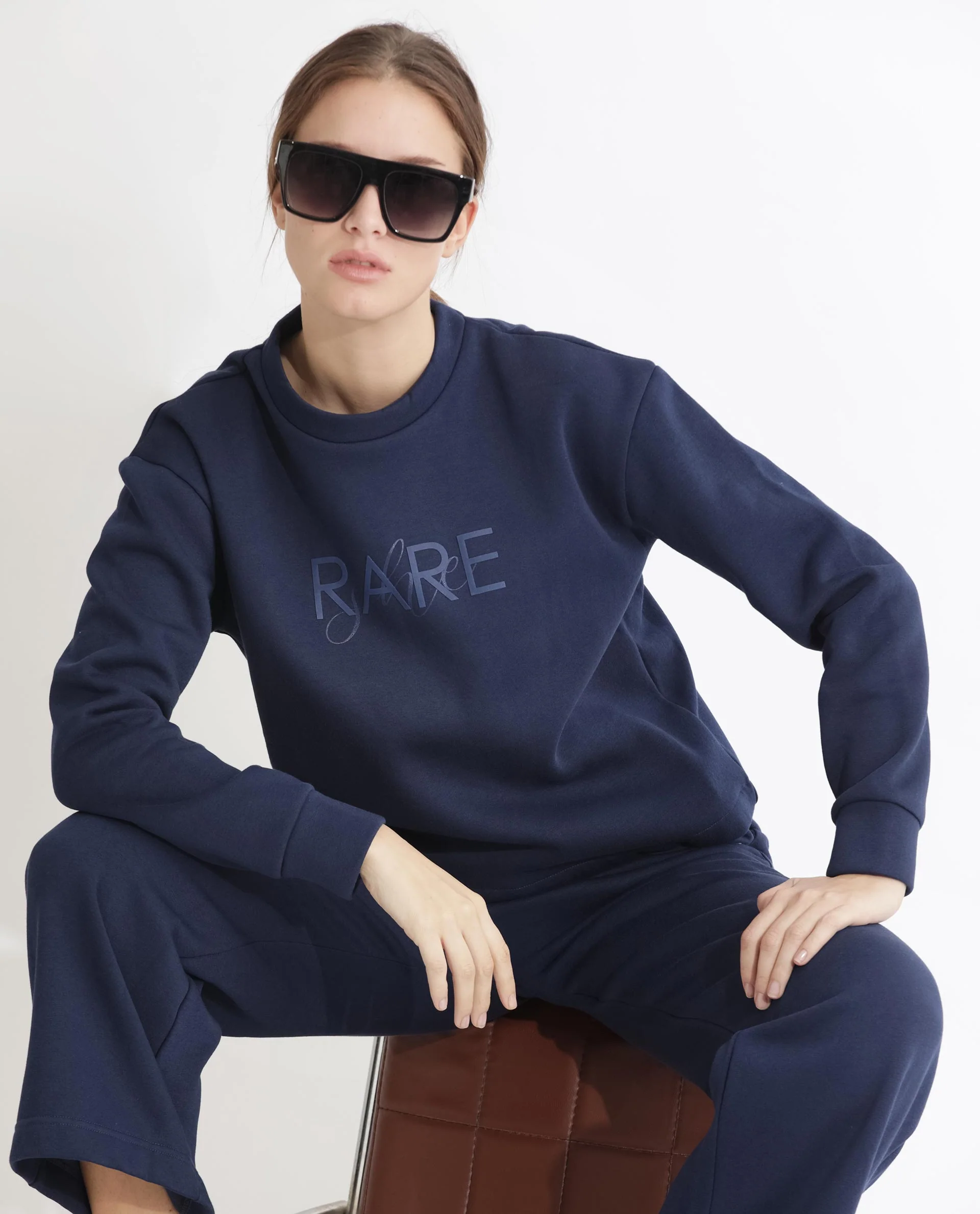 Rareism Women's Tuppen Navy Polyester Blend Crew Neck Printed Relaxed Fit Sweatshirt - Image 7