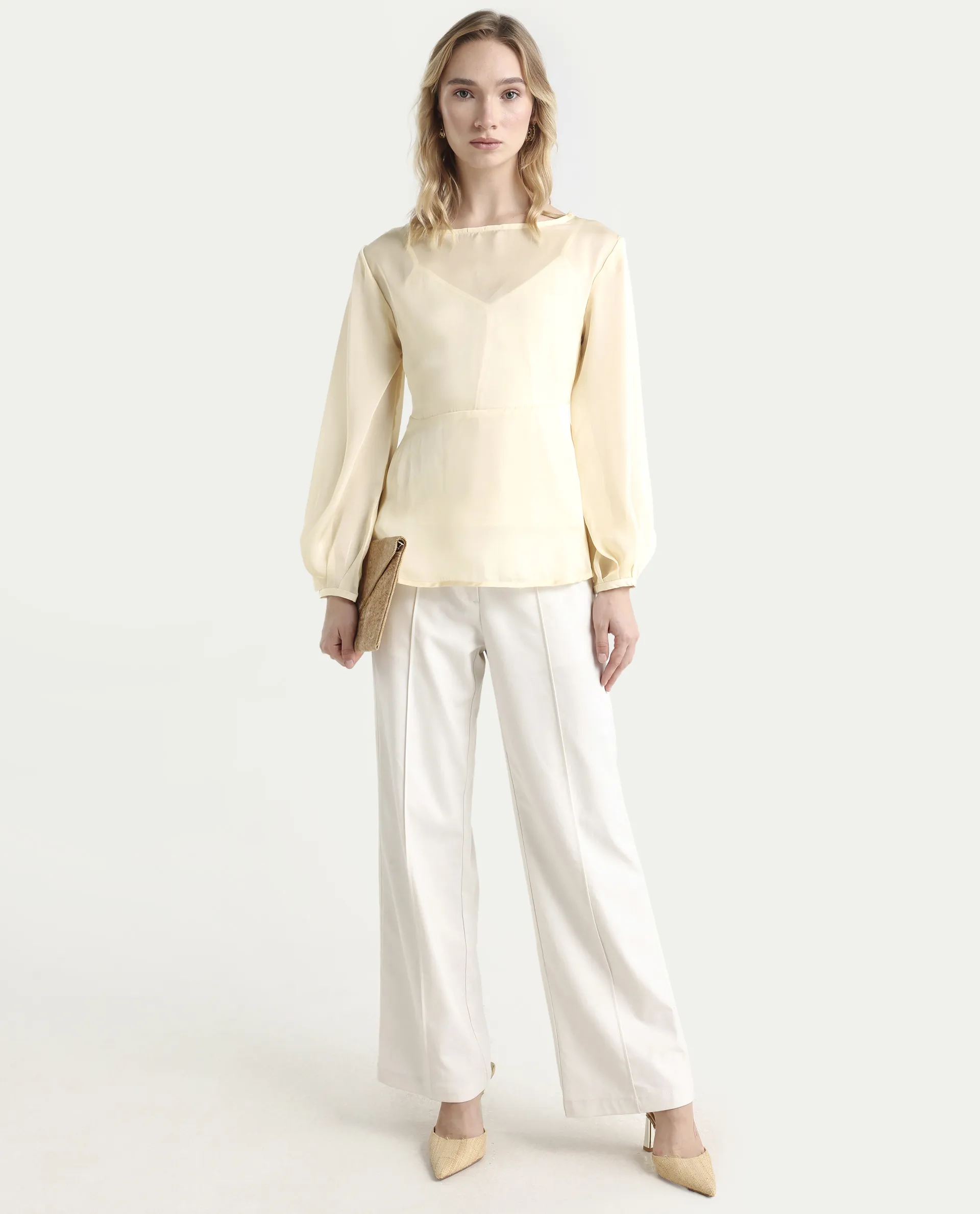 Rareism Women's Turin Beige Polyester Mandarin Collar Plain Balloon Sleeve Regular Fit Top - Image 2