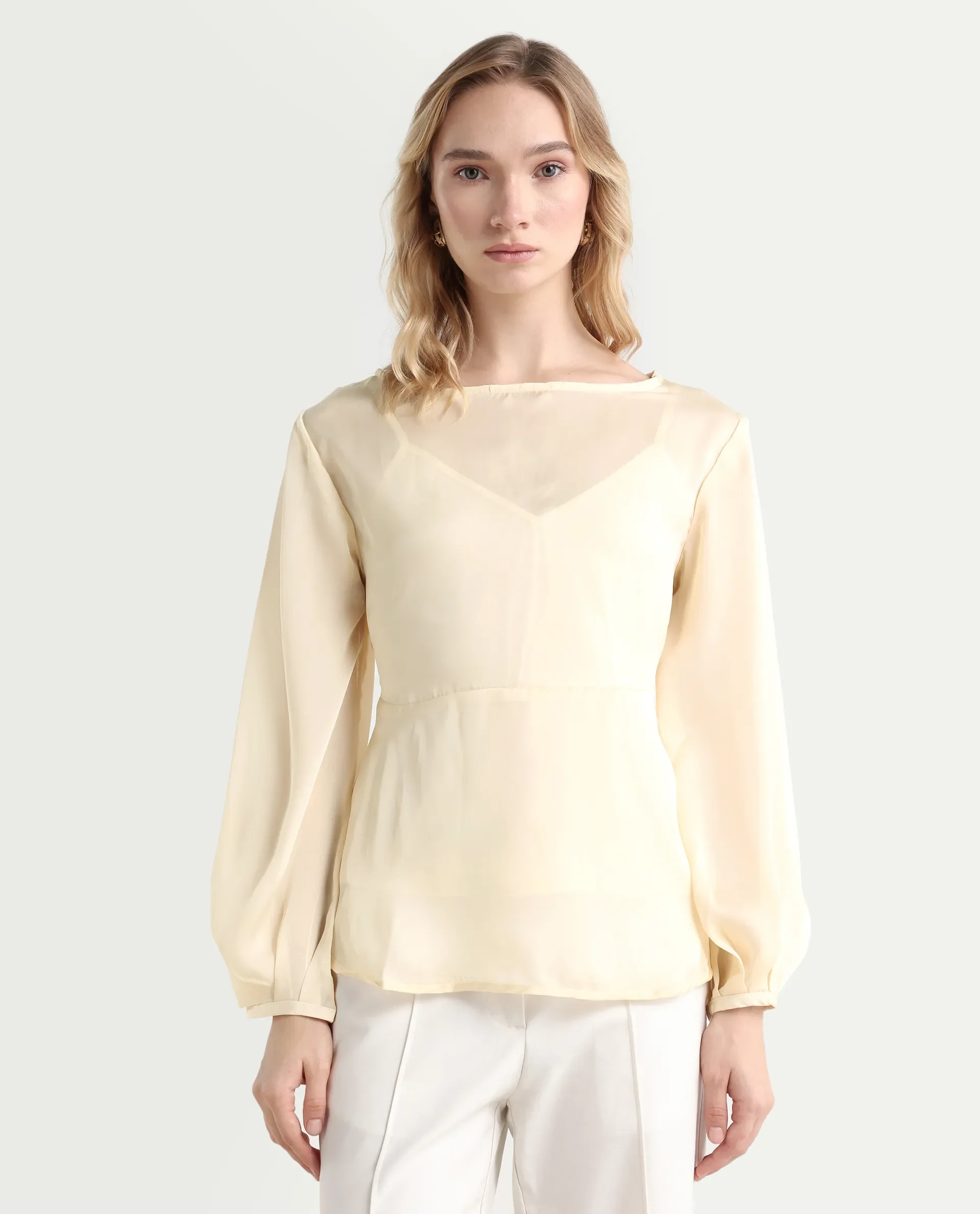 Rareism Women's Turin Beige Polyester Mandarin Collar Plain Balloon Sleeve Regular Fit Top - Image 3