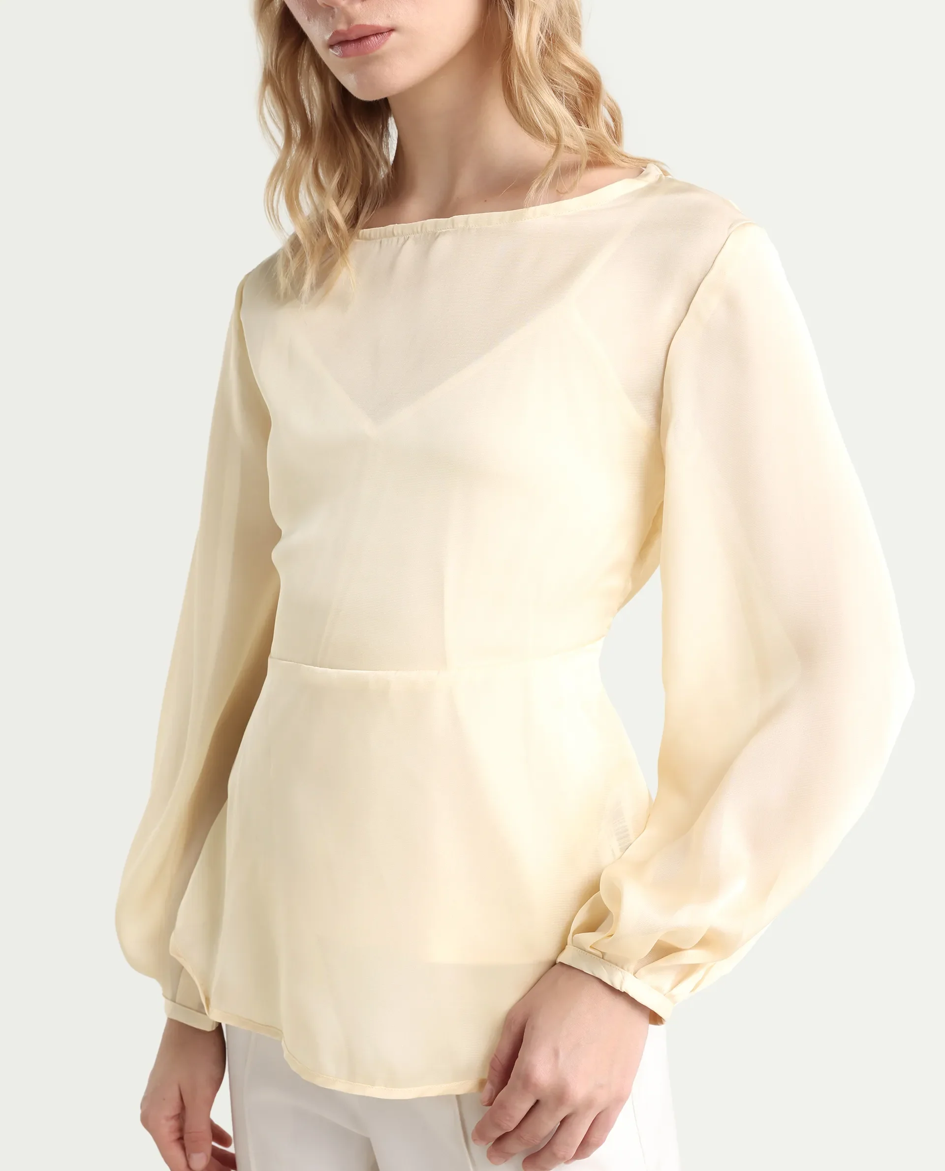 Rareism Women's Turin Beige Polyester Mandarin Collar Plain Balloon Sleeve Regular Fit Top - Image 4