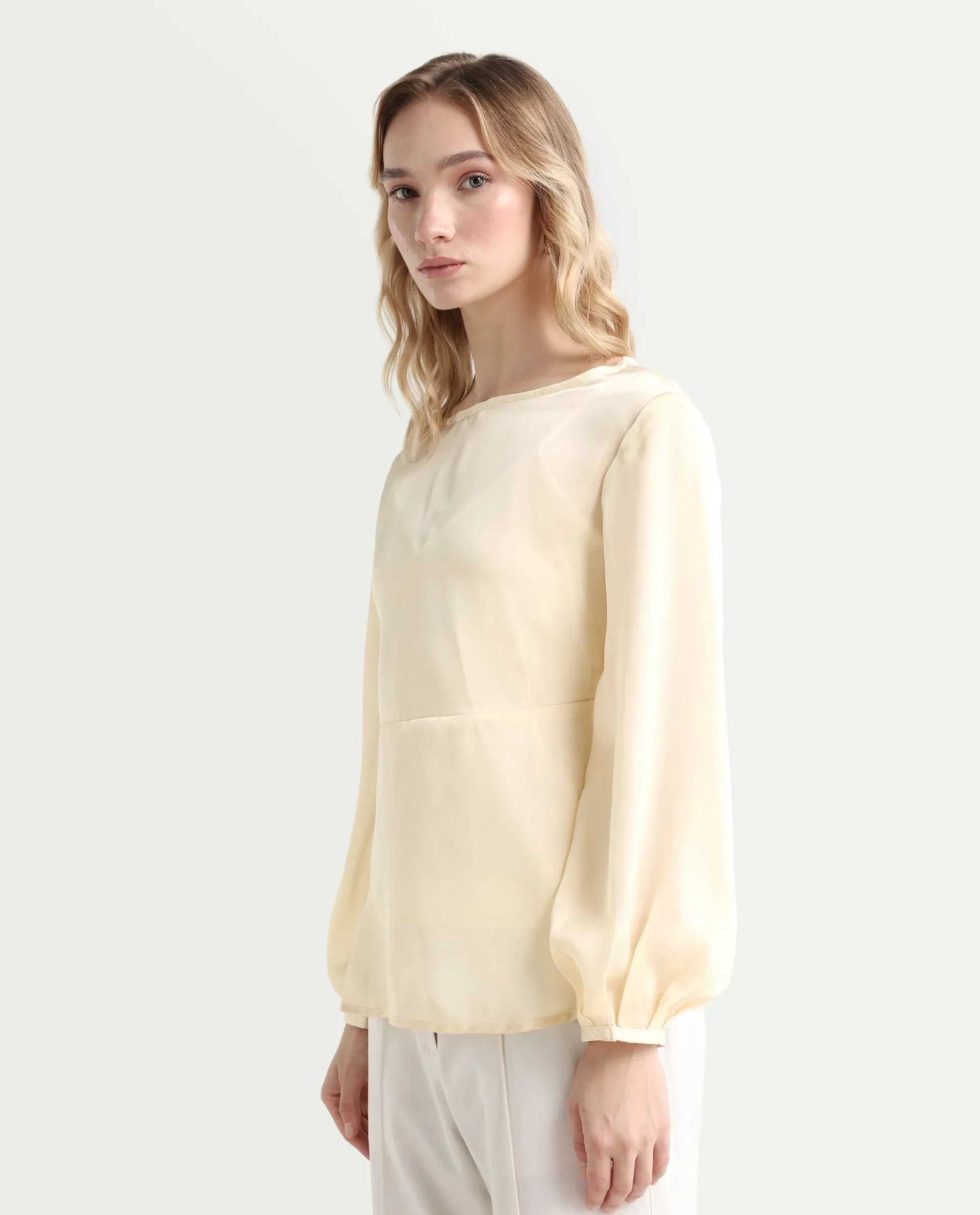 Rareism Women's Turin Beige Polyester Mandarin Collar Plain Balloon Sleeve Regular Fit Top - Image 5