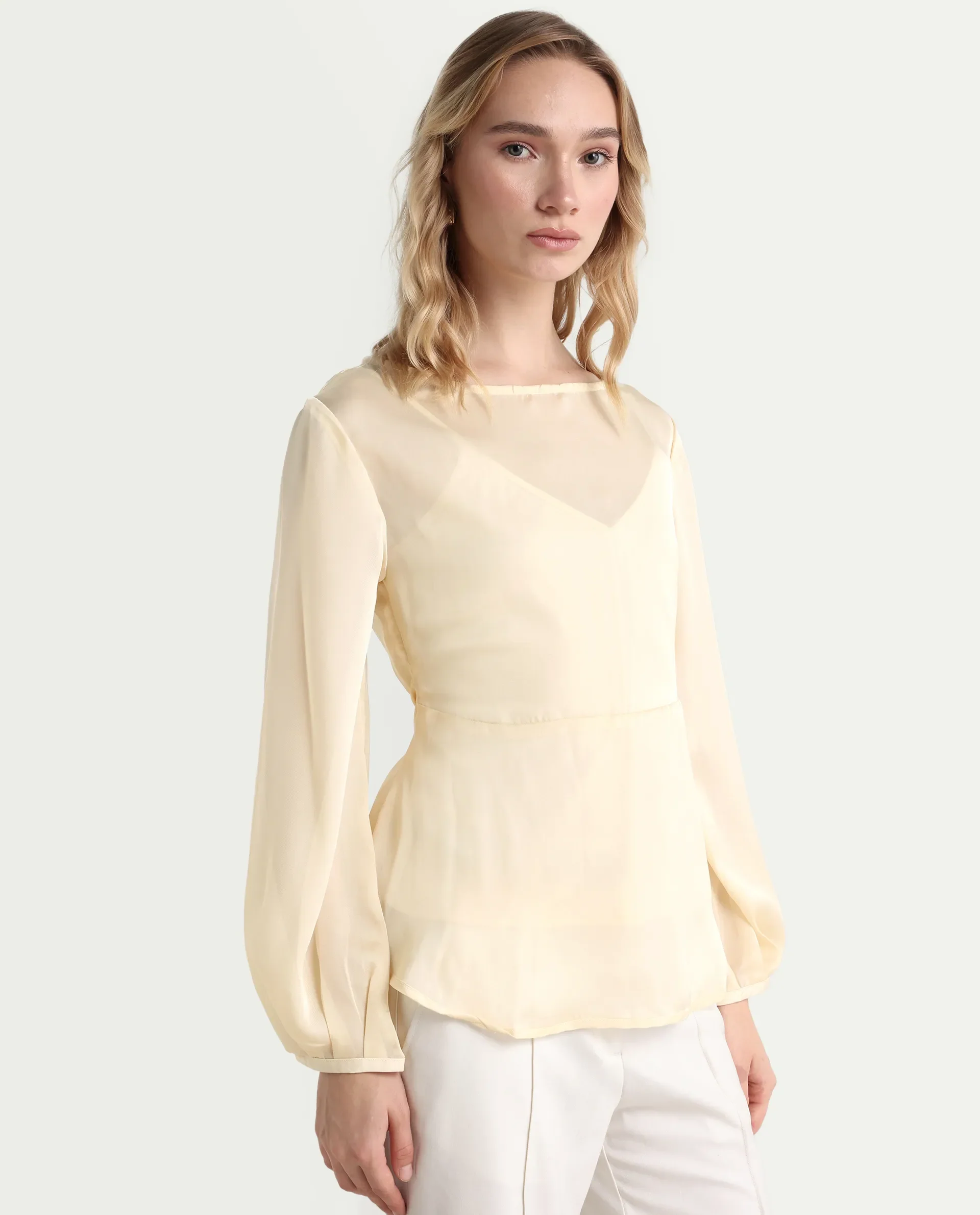 Rareism Women's Turin Beige Polyester Mandarin Collar Plain Balloon Sleeve Regular Fit Top - Image 6