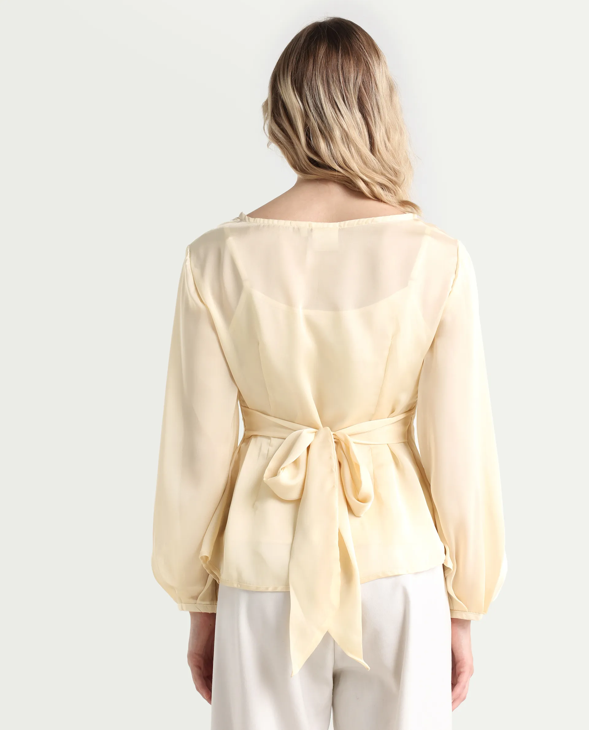 Rareism Women's Turin Beige Polyester Mandarin Collar Plain Balloon Sleeve Regular Fit Top - Image 7
