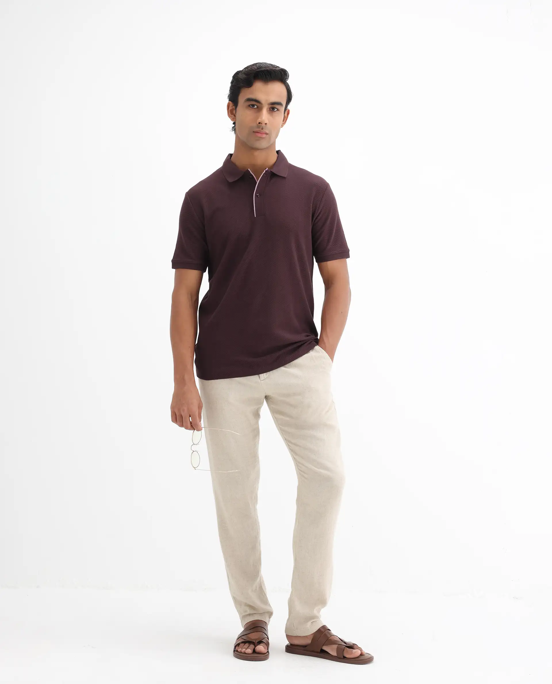 Rare Rabbit Men's Turino Brown Cotton Plain Regular Fit Half Sleeve Polo - Image 2