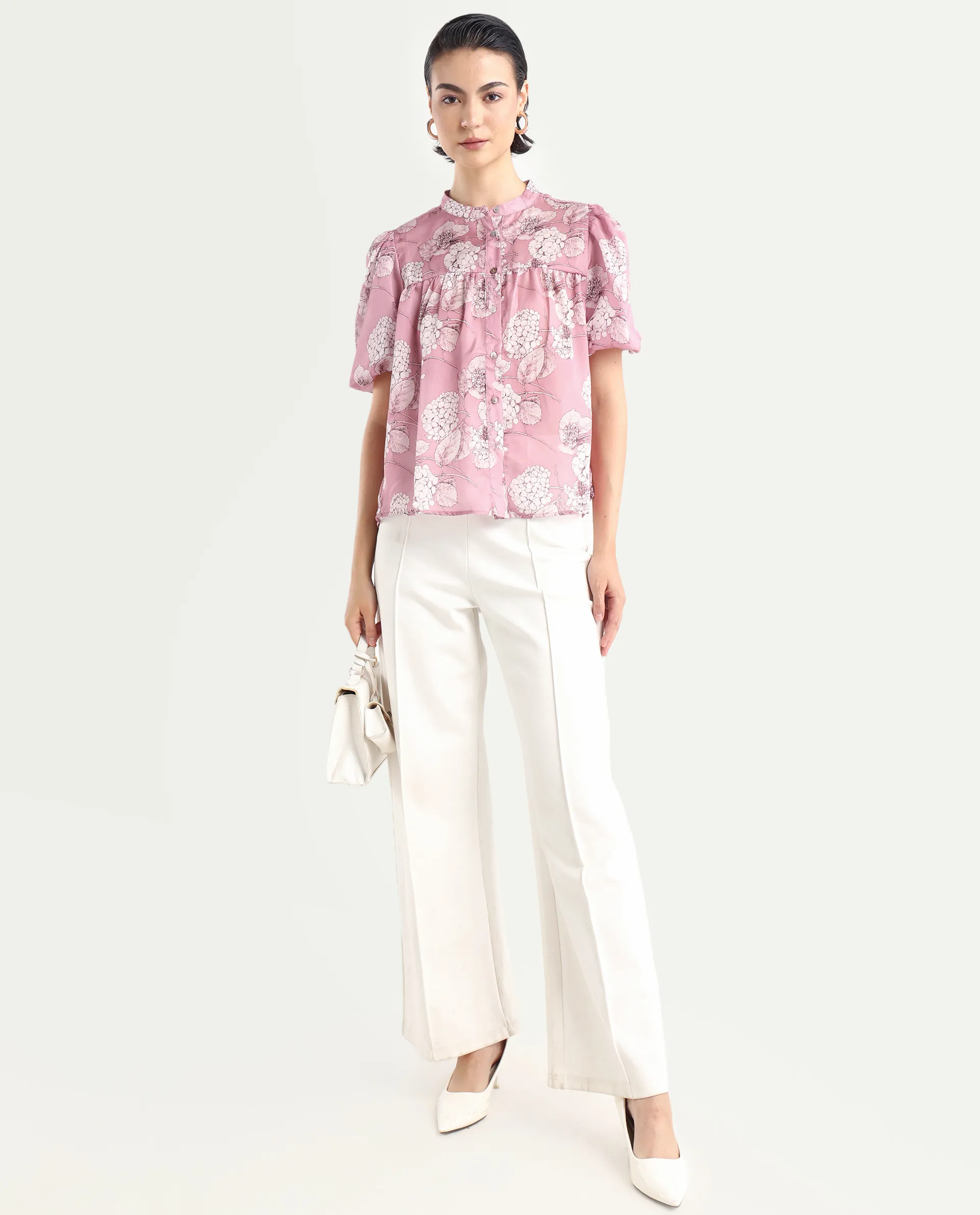 Rareism Women's Turino Dusky Pink Polyester Mandarin Collar Floral Print Balloon Sleeve Regular Fit Top - Image 2