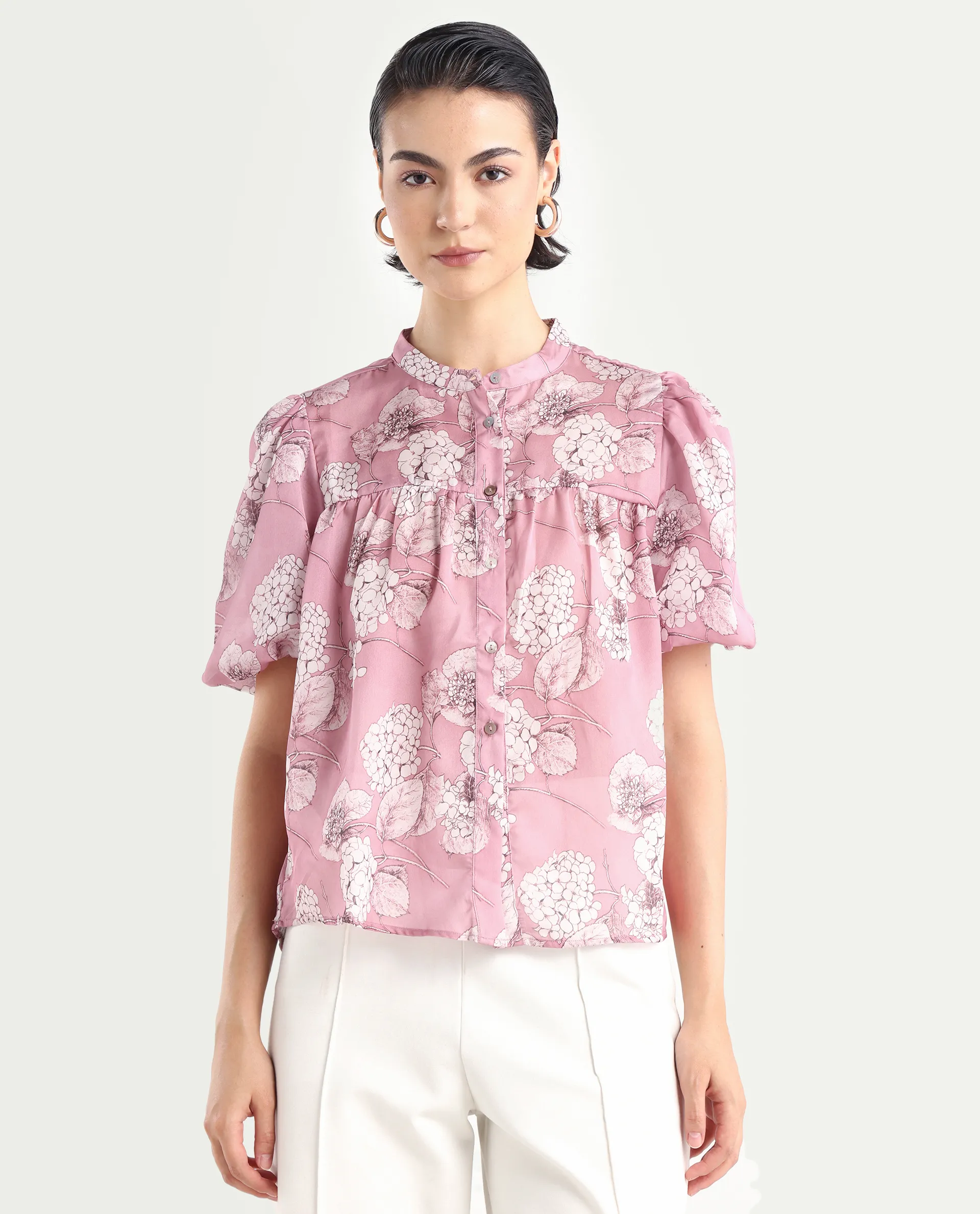 Rareism Women's Turino Dusky Pink Polyester Mandarin Collar Floral Print Balloon Sleeve Regular Fit Top - Image 3