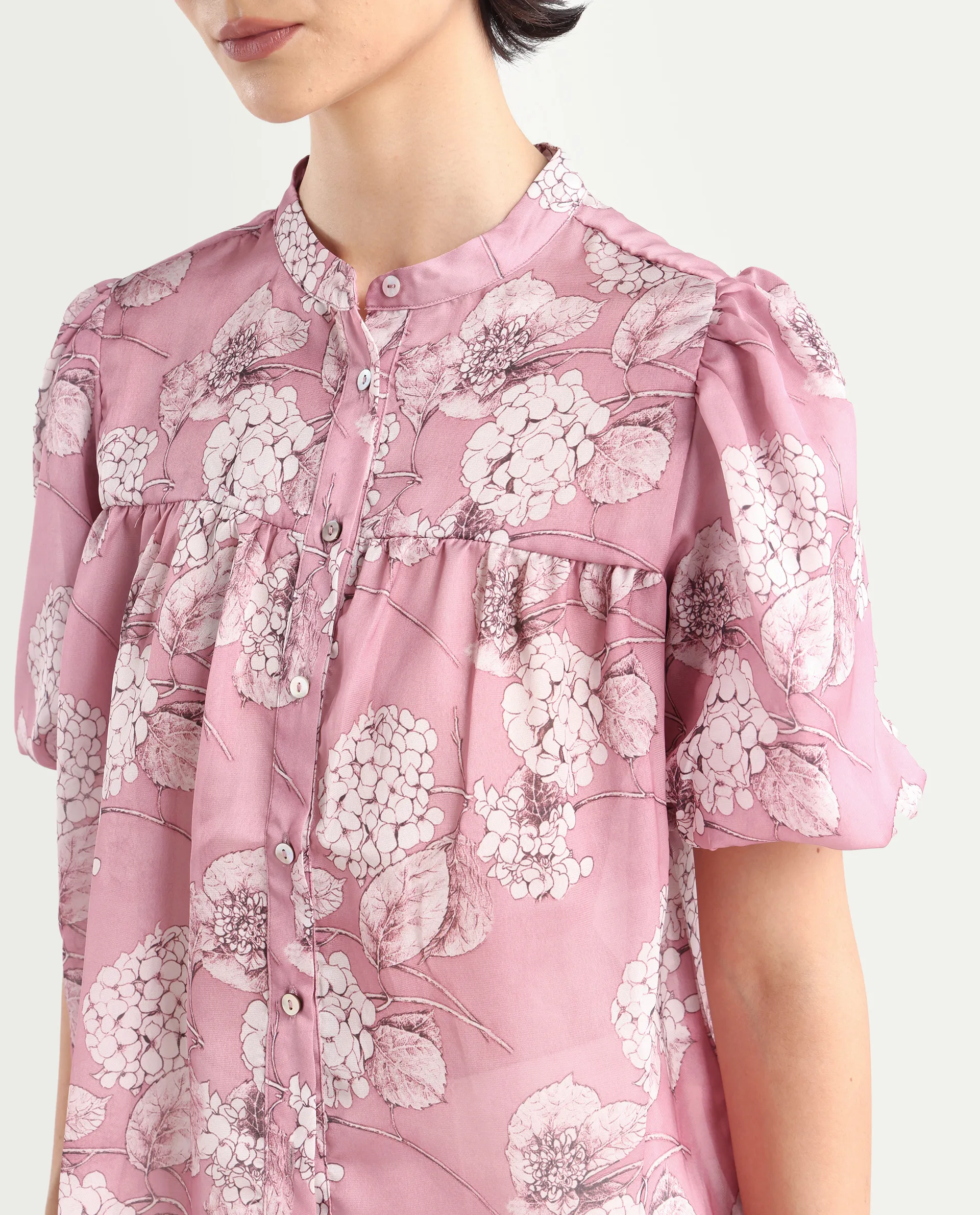 Rareism Women's Turino Dusky Pink Polyester Mandarin Collar Floral Print Balloon Sleeve Regular Fit Top - Image 4
