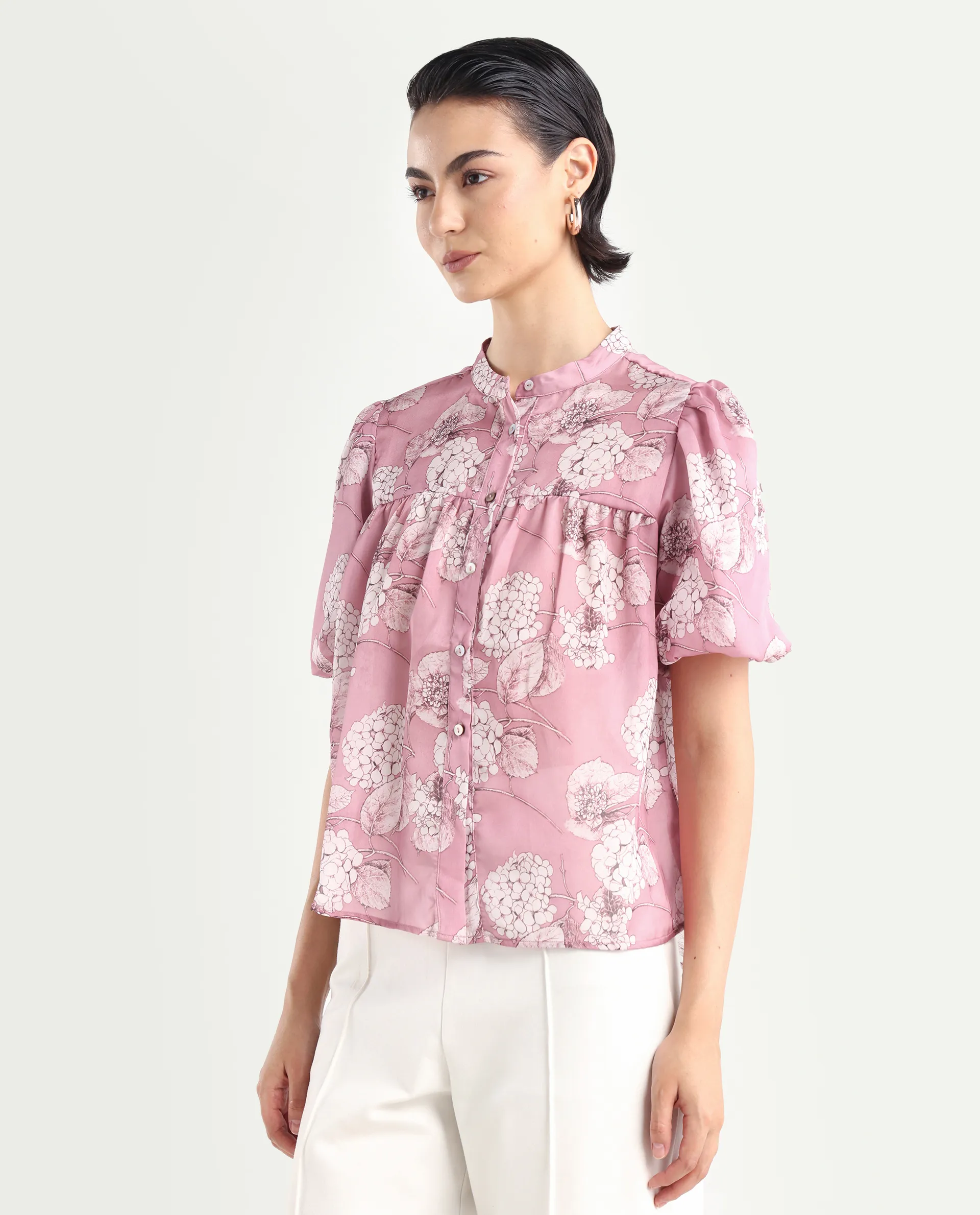 Rareism Women's Turino Dusky Pink Polyester Mandarin Collar Floral Print Balloon Sleeve Regular Fit Top - Image 5