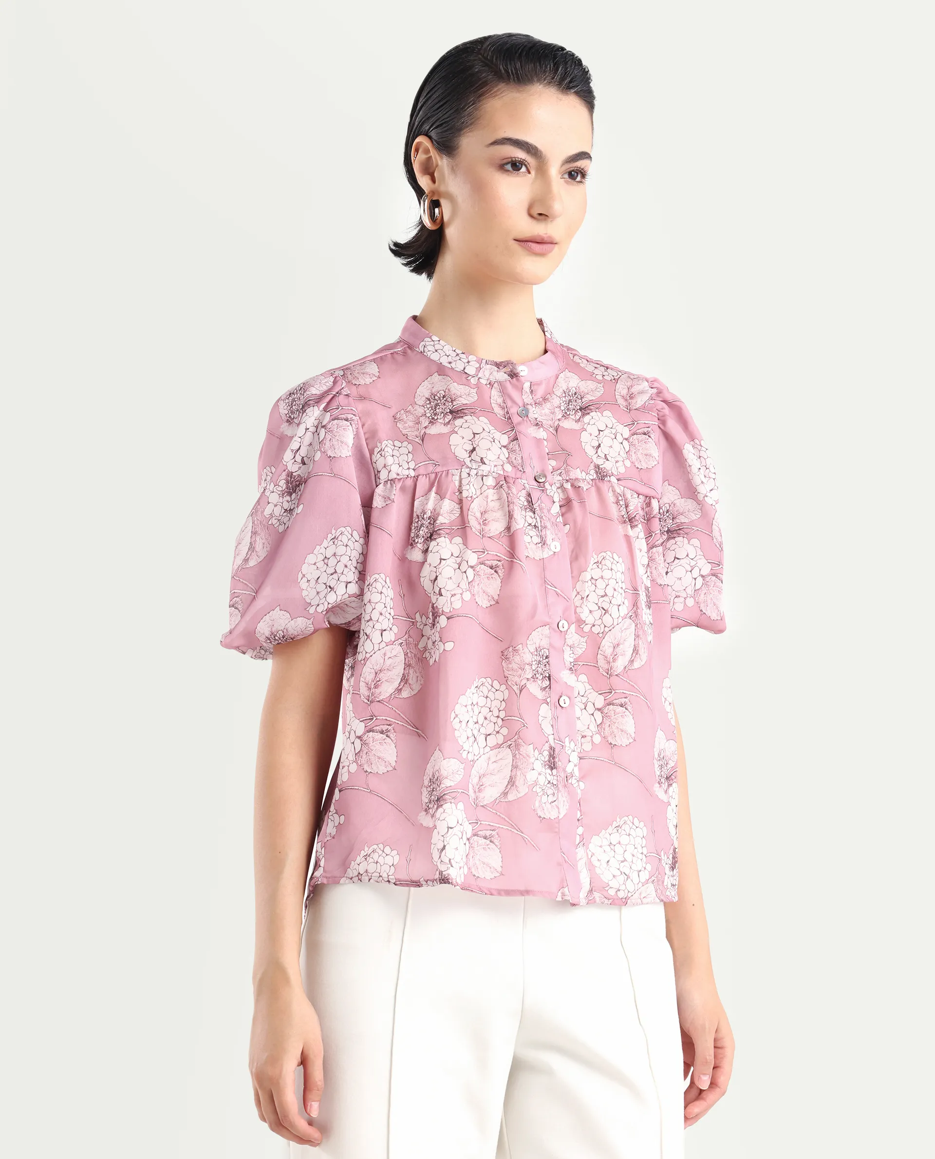 Rareism Women's Turino Dusky Pink Polyester Mandarin Collar Floral Print Balloon Sleeve Regular Fit Top - Image 6