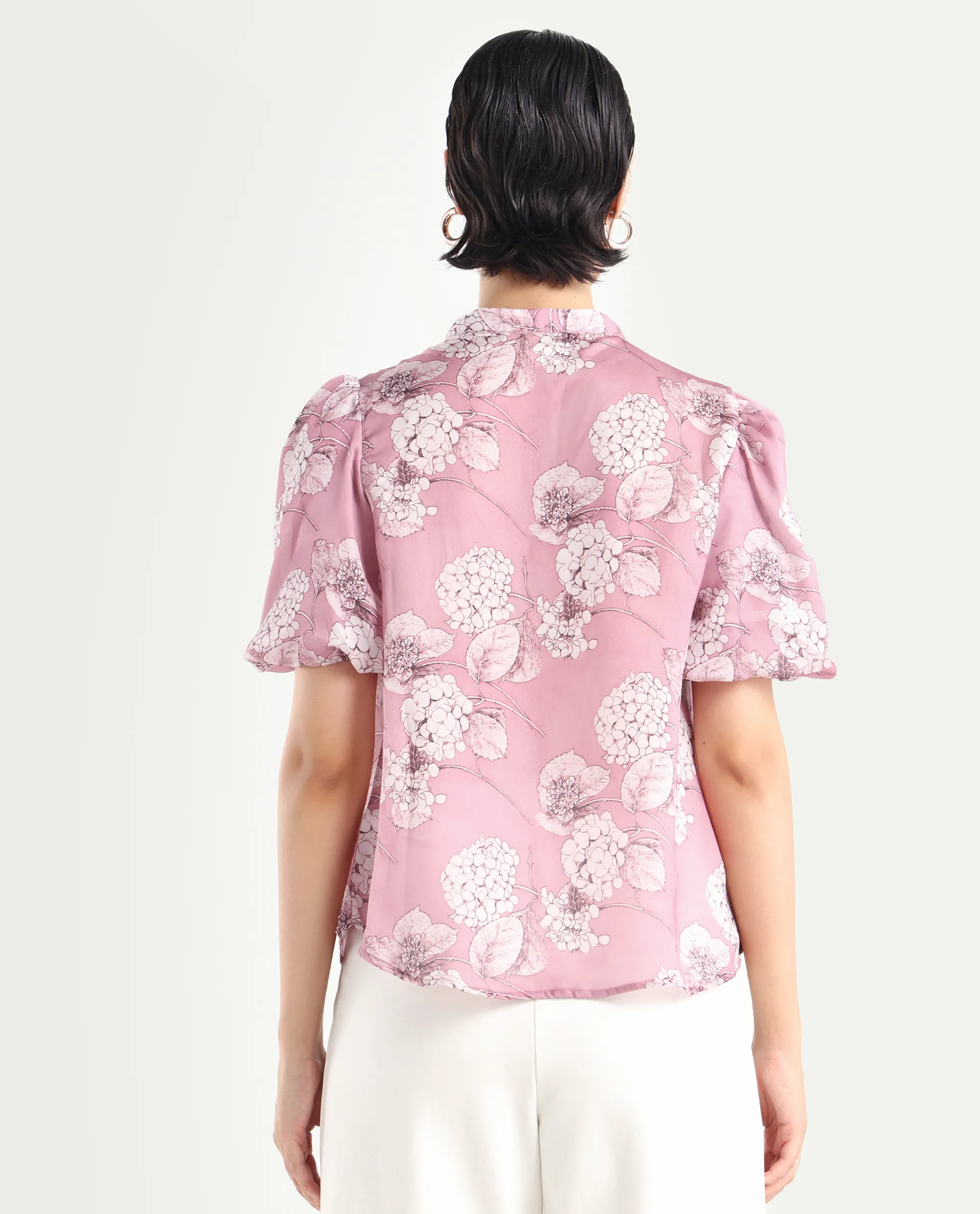 Rareism Women's Turino Dusky Pink Polyester Mandarin Collar Floral Print Balloon Sleeve Regular Fit Top - Image 7