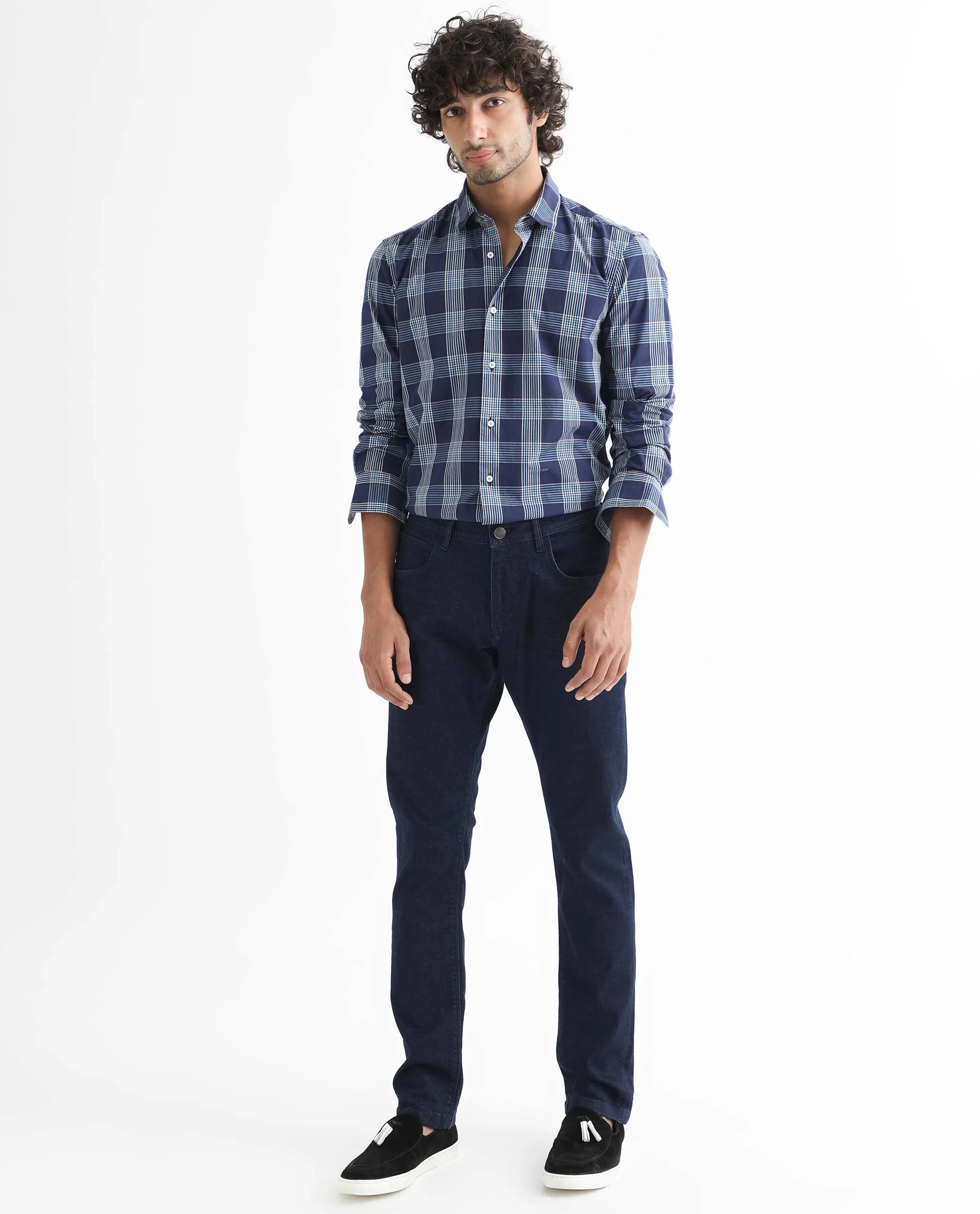 Rare Rabbit Men's Turvo Blue Cotton Checked Print Regular Fit Full Sleeve Collared Shirt - Image 2