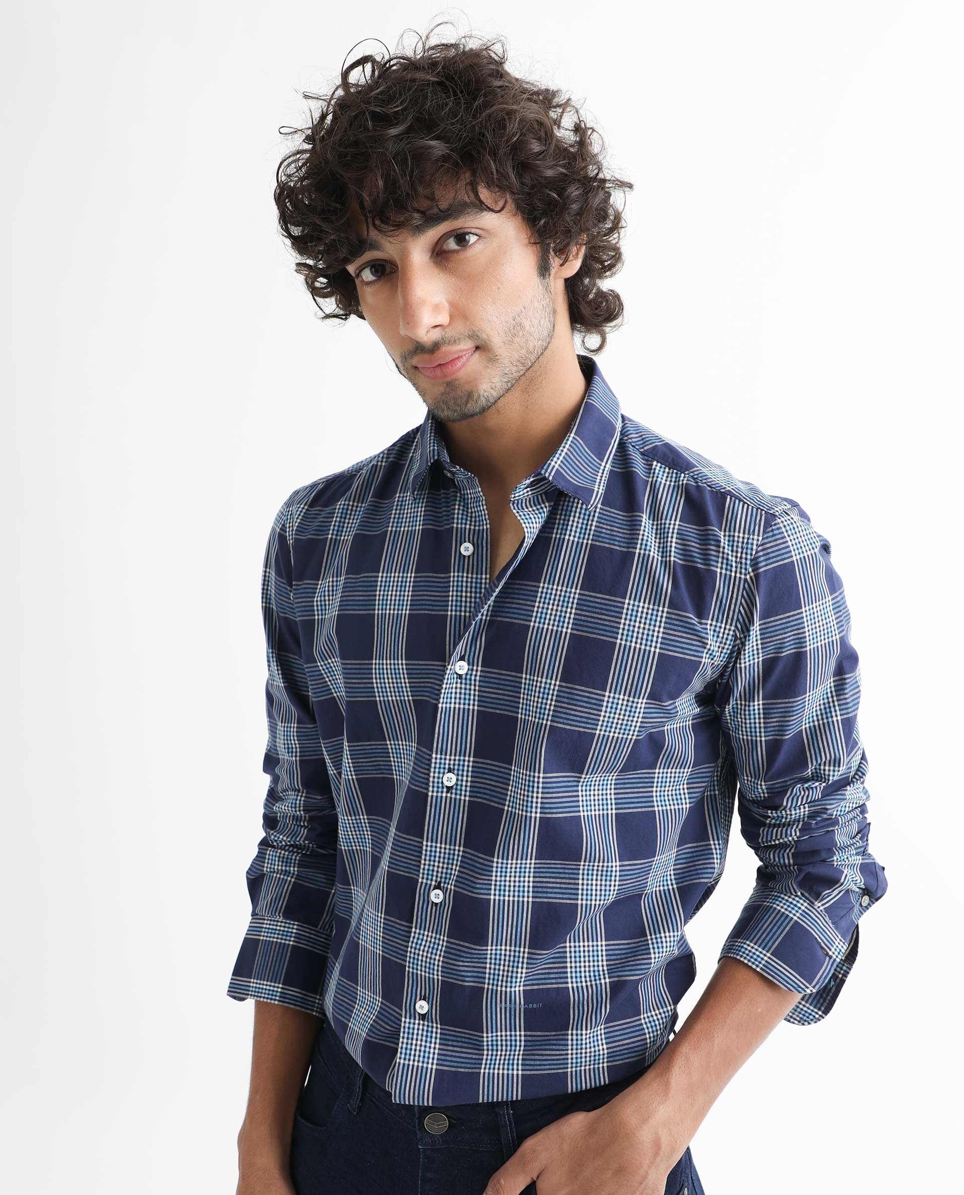 Rare Rabbit Men's Turvo Blue Cotton Checked Print Regular Fit Full Sleeve Collared Shirt - Image 3