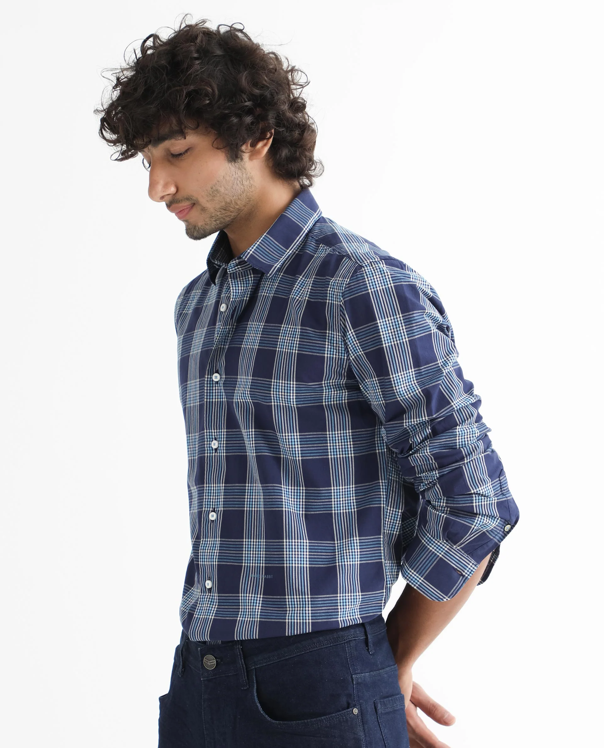 Rare Rabbit Men's Turvo Blue Cotton Checked Print Regular Fit Full Sleeve Collared Shirt - Image 7