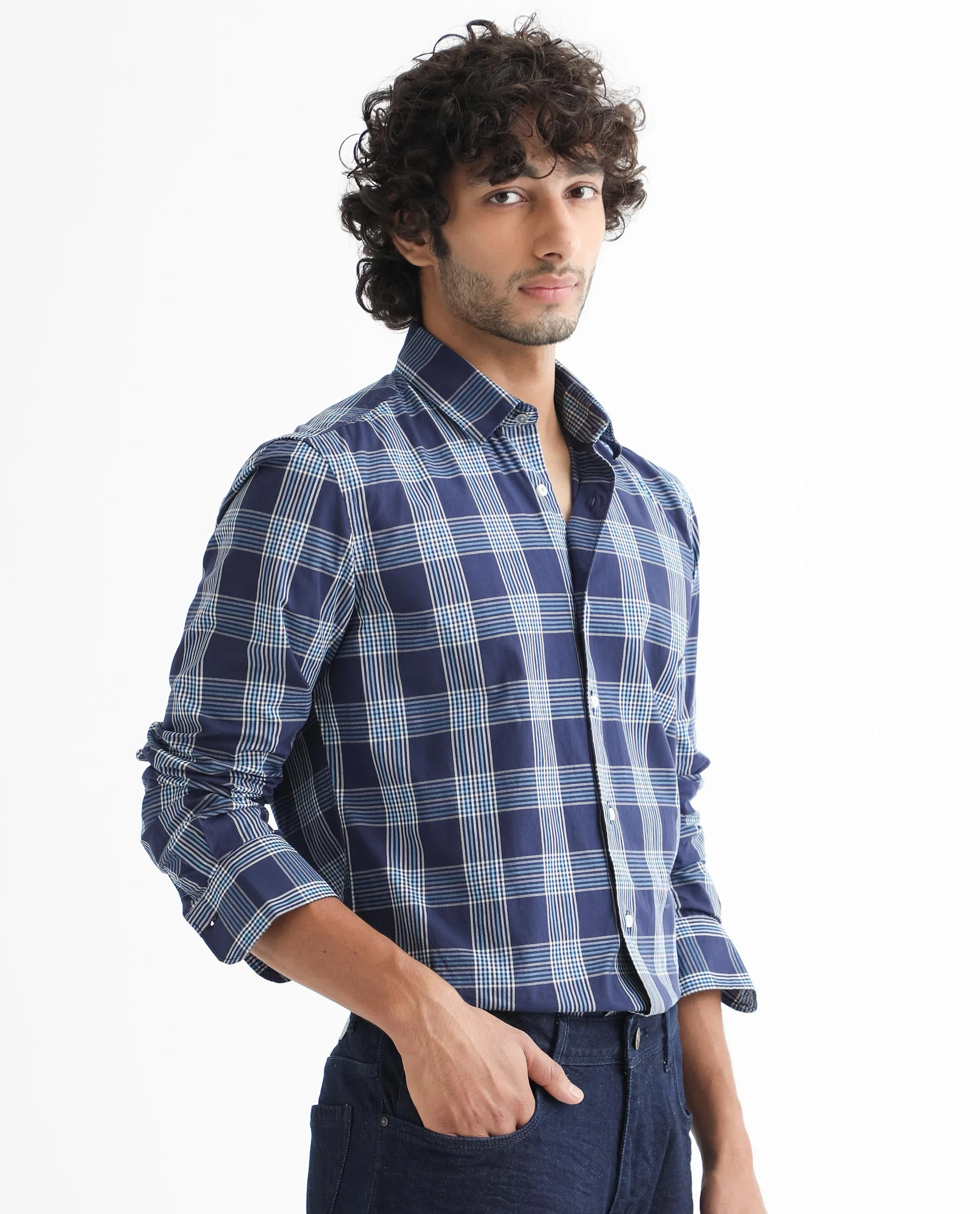 Rare Rabbit Men's Turvo Blue Cotton Checked Print Regular Fit Full Sleeve Collared Shirt - Image 8