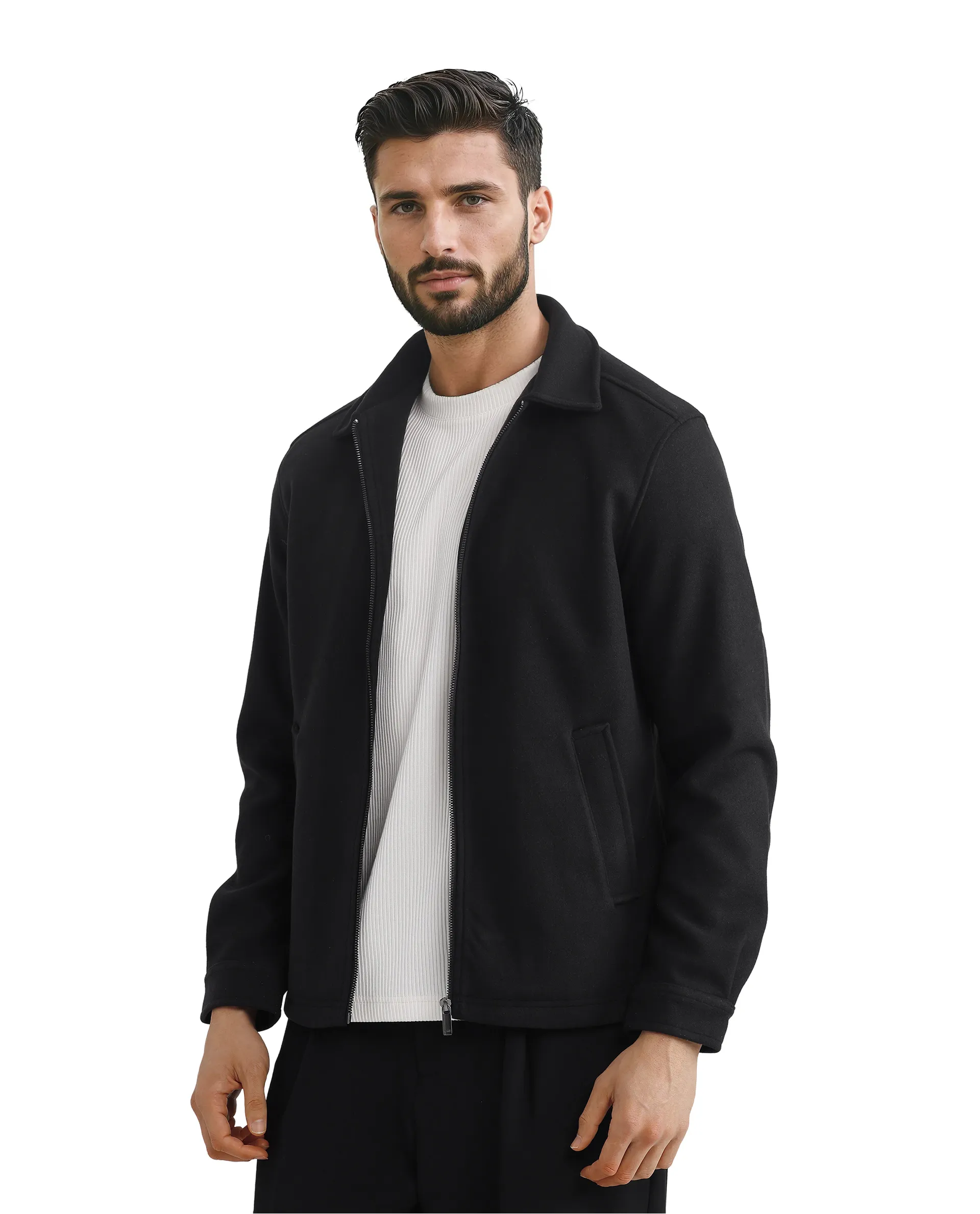 Rare Rabbit Men's Tweeder-2 Black Polyester Plain Relaxed Fit Full Sleeve Spread Collar Jacket - Image 2