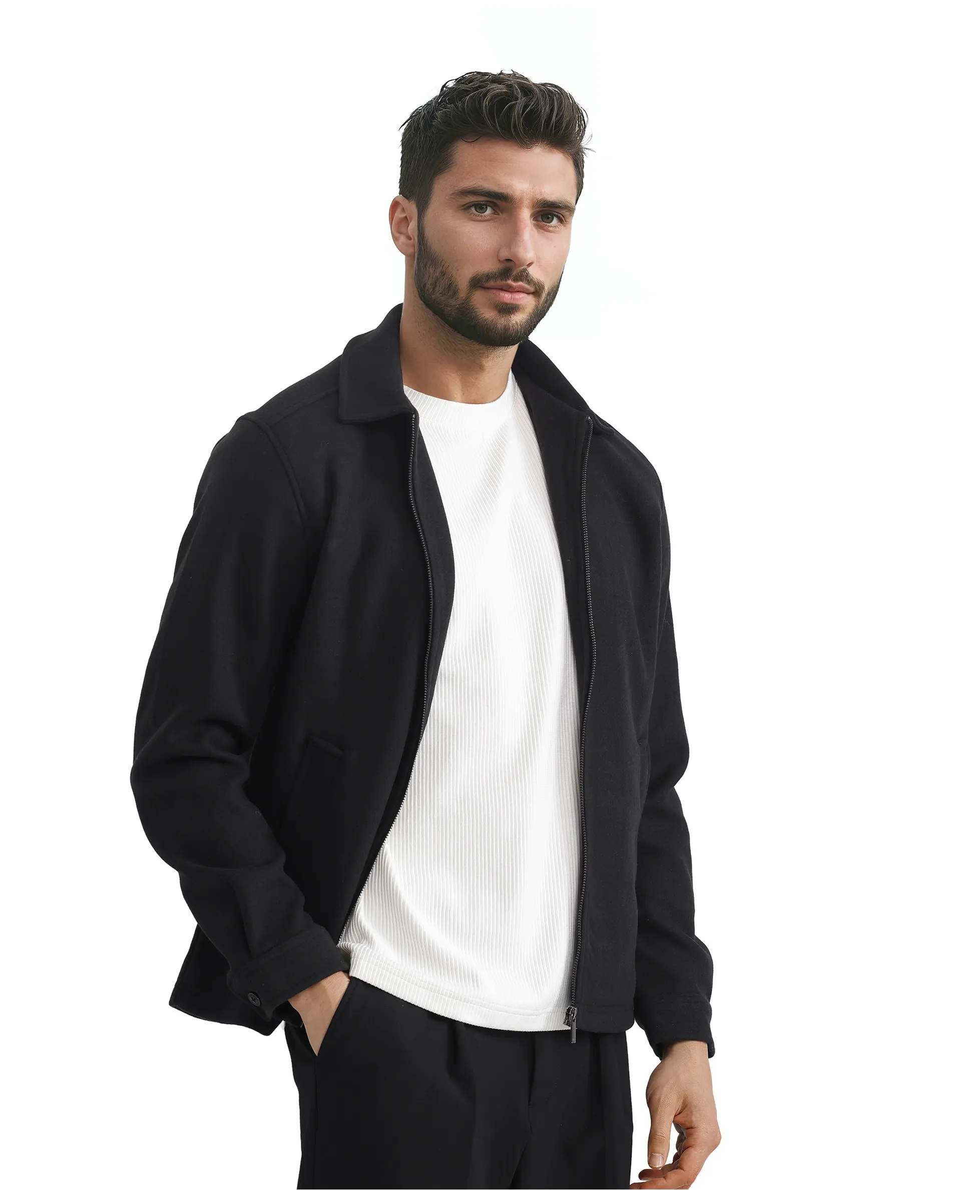 Rare Rabbit Men's Tweeder-2 Black Polyester Plain Relaxed Fit Full Sleeve Spread Collar Jacket - Image 6