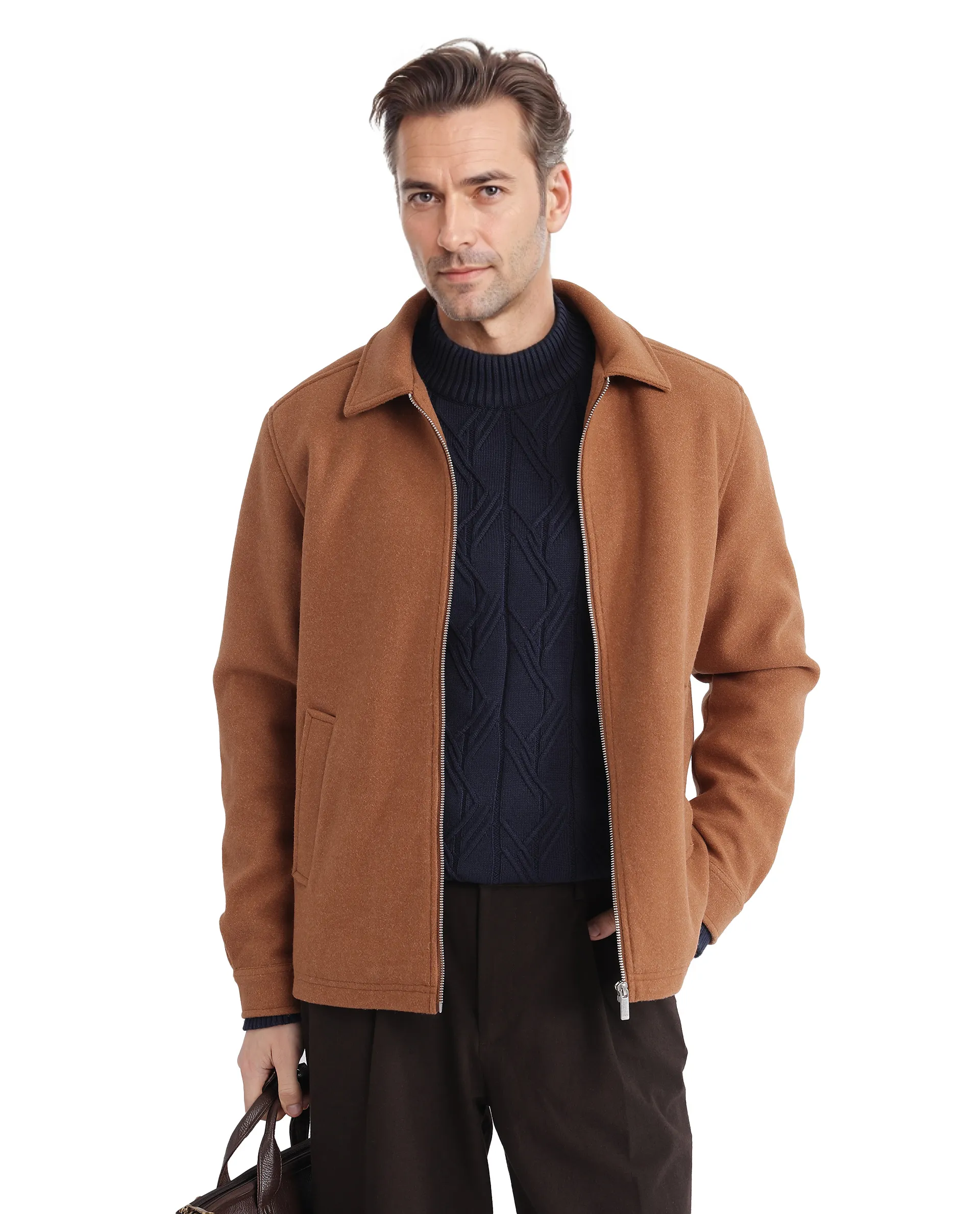 Rare Rabbit Men's Tweeder-2 Brown Polyester Blend Plain Relaxed Fit Full Sleeve Spread Collar Jacket