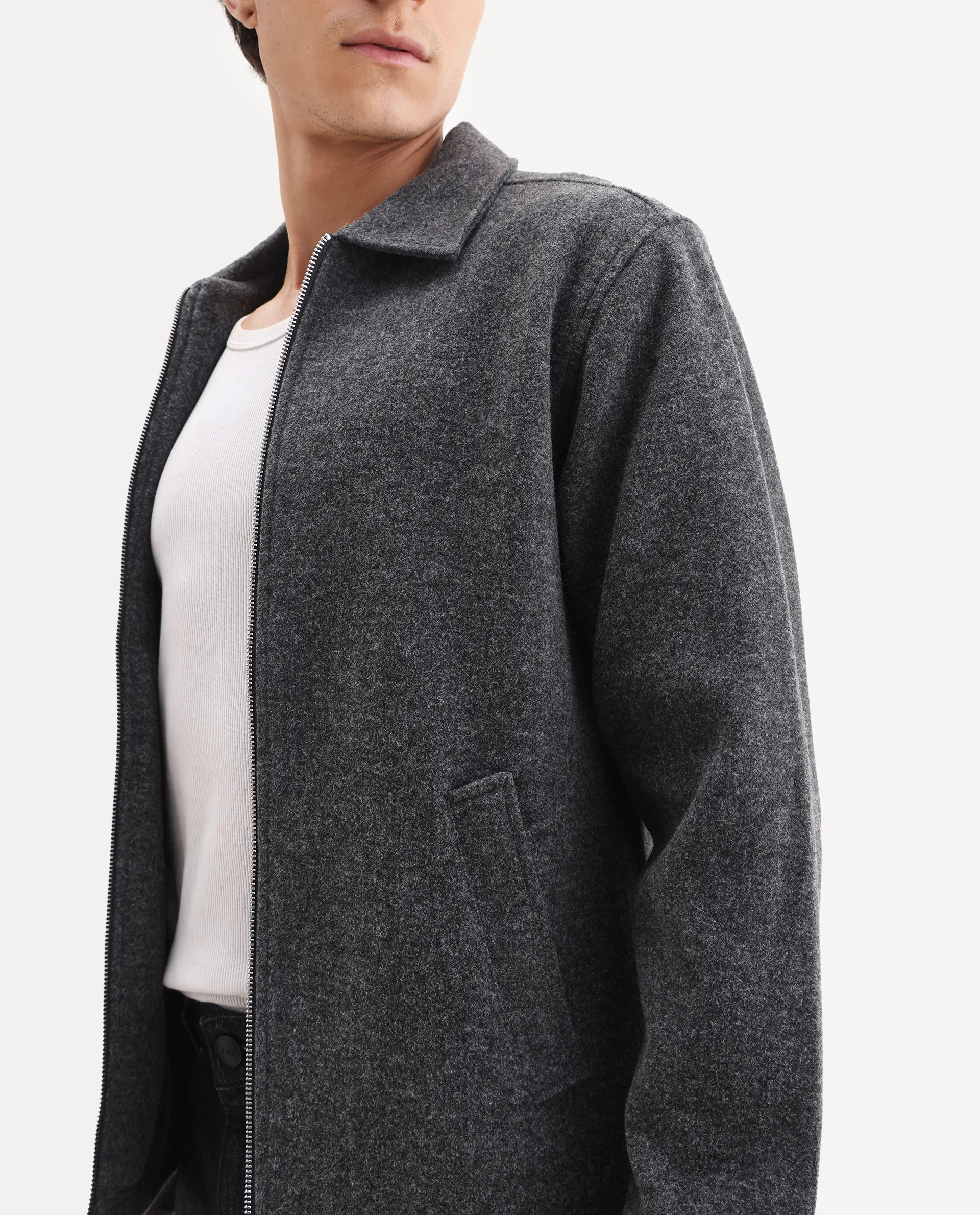 Rare Rabbit Men's Tweeder-25 Grey Polyester Blend Fabric Collared Neck Regular Fit Plain Jacket - Image 3