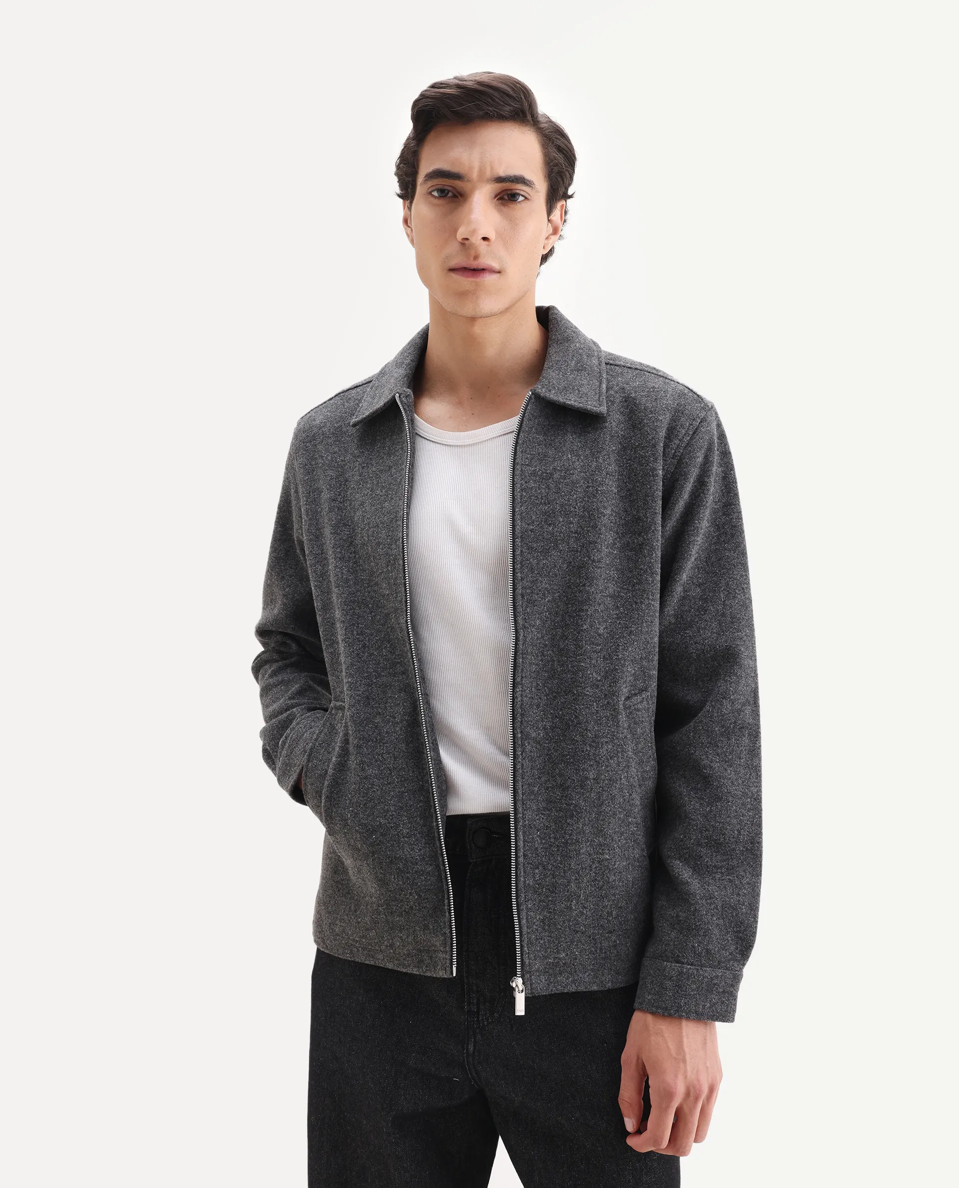 Rare Rabbit Men's Tweeder-25 Grey Polyester Blend Fabric Collared Neck Regular Fit Plain Jacket - Image 4