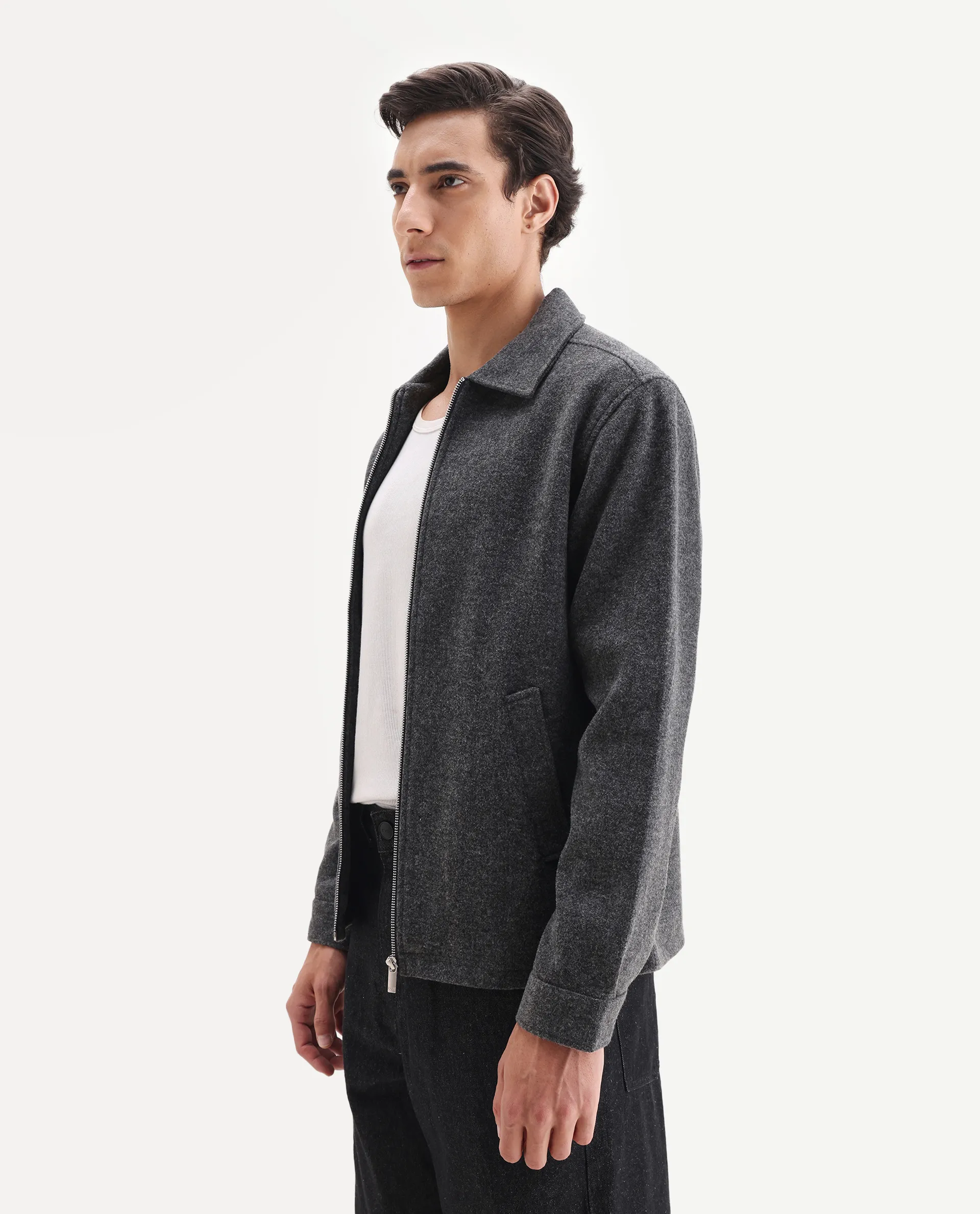 Rare Rabbit Men's Tweeder-25 Grey Polyester Blend Fabric Collared Neck Regular Fit Plain Jacket - Image 5