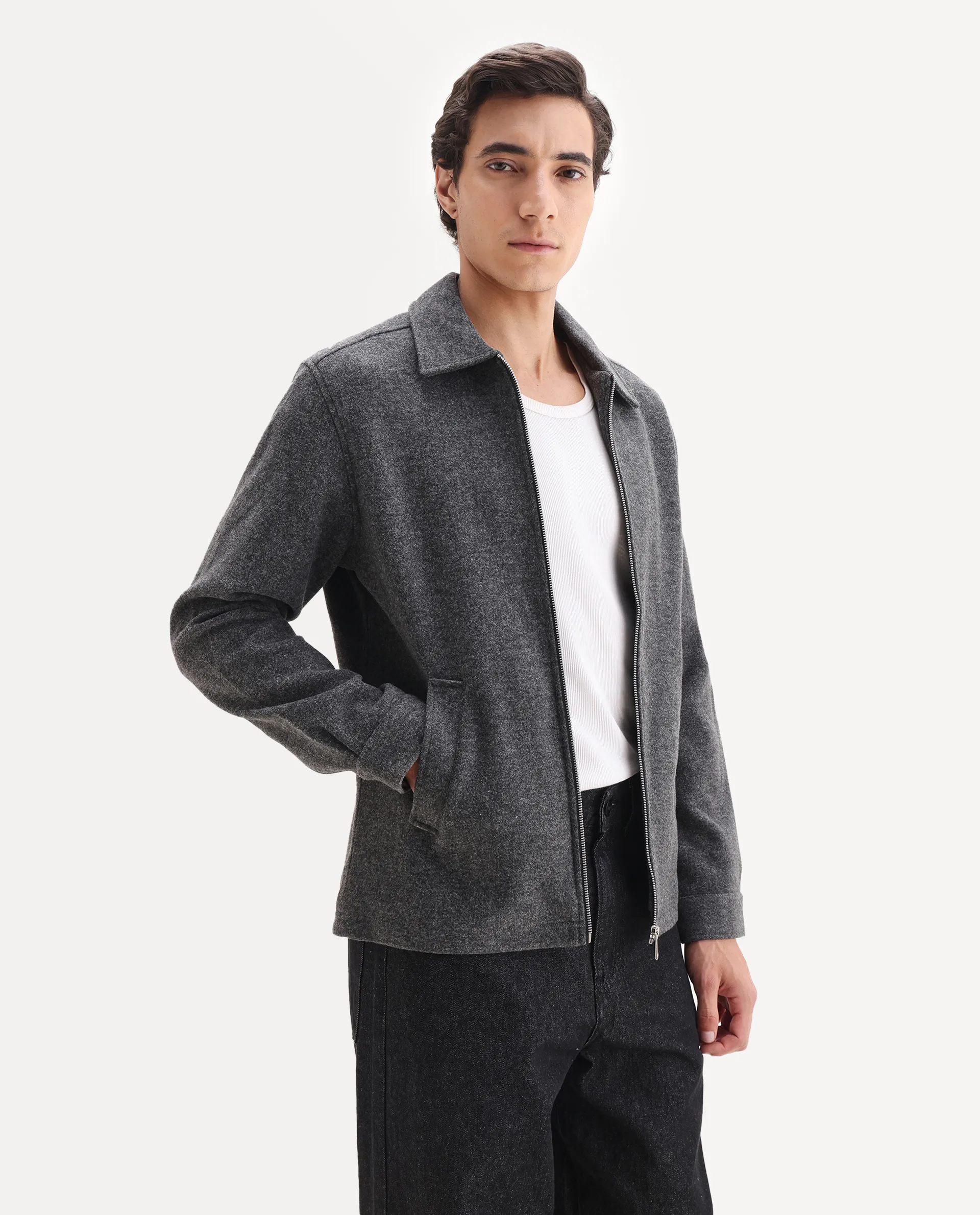 Rare Rabbit Men's Tweeder-25 Grey Polyester Blend Fabric Collared Neck Regular Fit Plain Jacket - Image 6