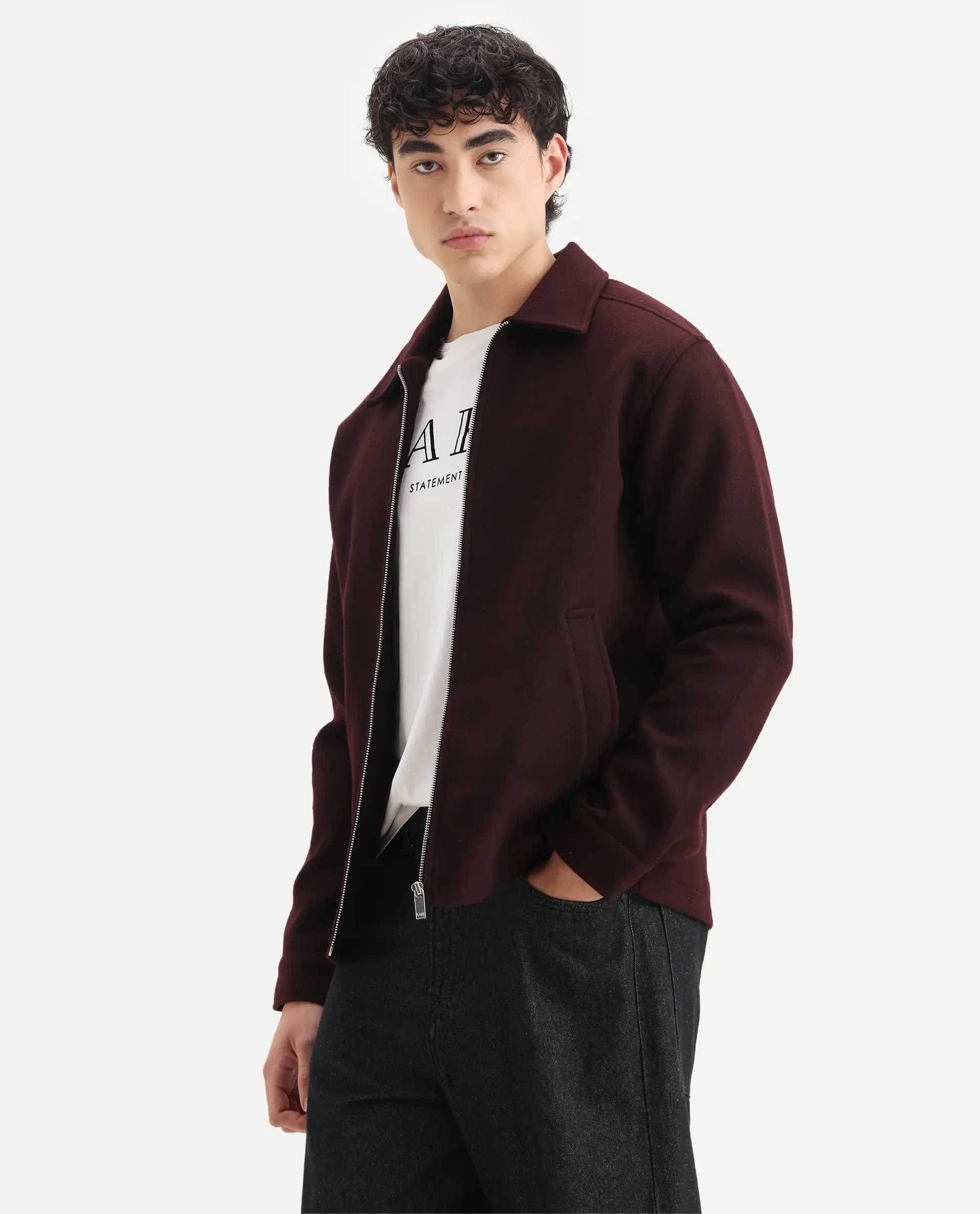 Rare Rabbit Men's Tweeder-25 Maroon Polyester Blend Fabric Collared Neck Regular Fit Plain Jacket - Image 4