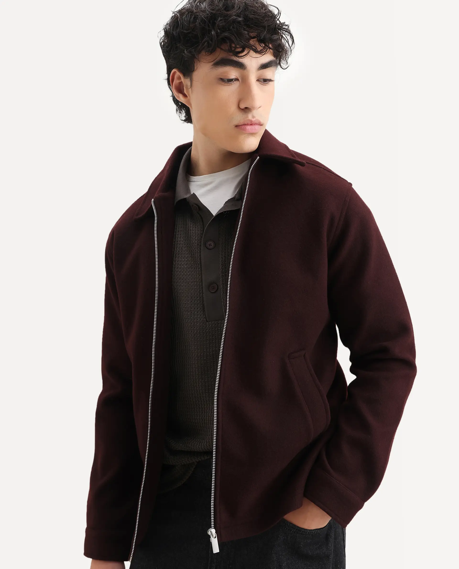 Rare Rabbit Men's Tweeder-25 Maroon Polyester Blend Fabric Collared Neck Regular Fit Plain Jacket - Image 7